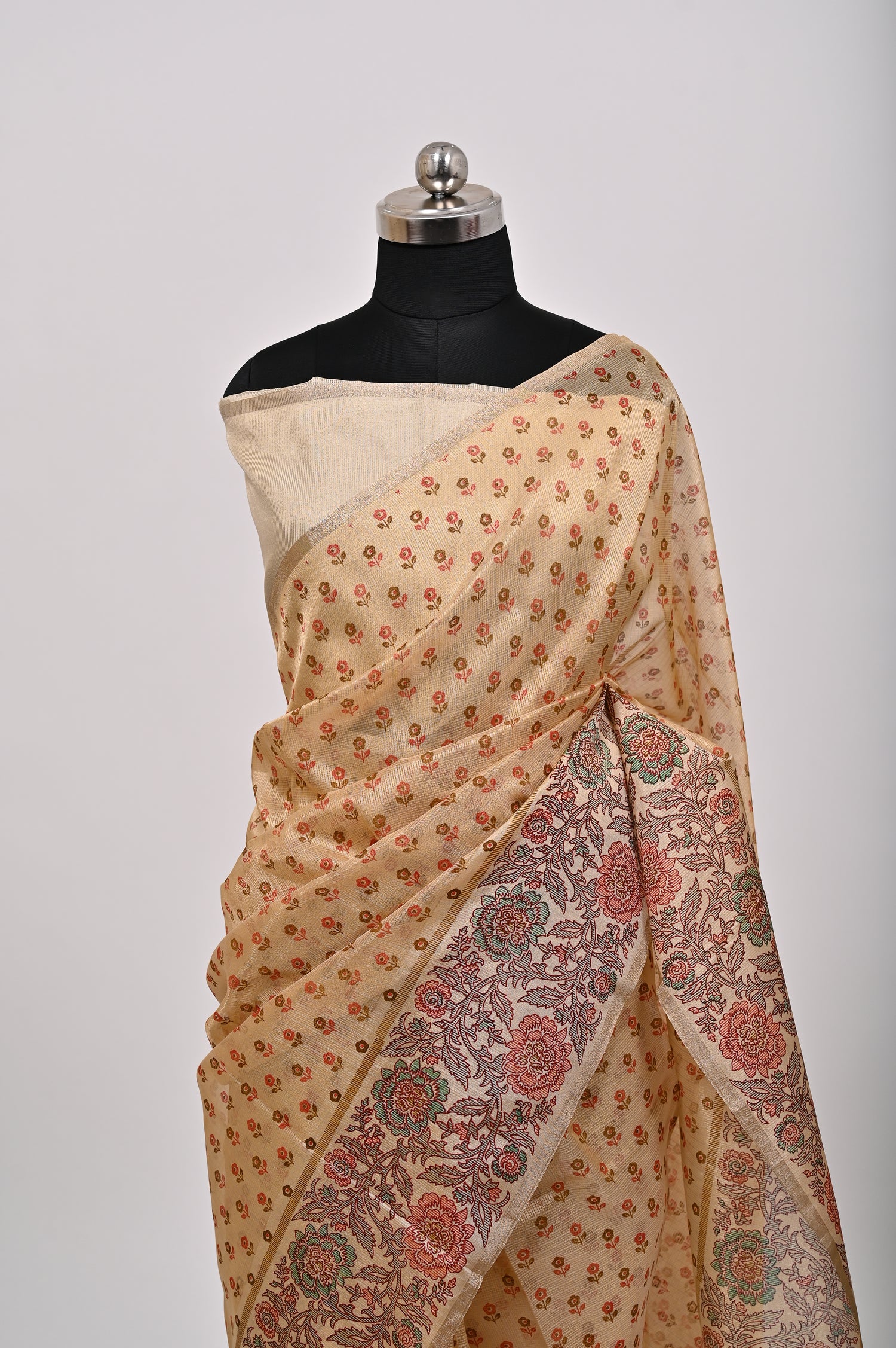 Banarsi Cotton Silk Printed Saree Baadaami Cream