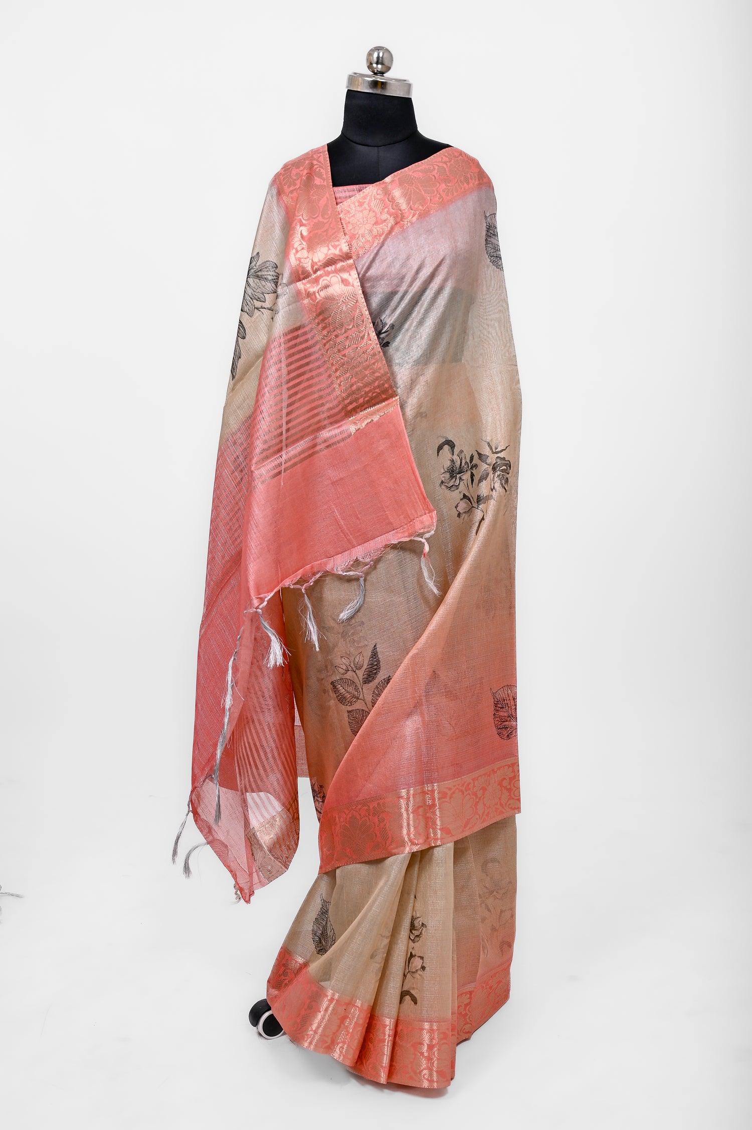 Pure Lilen Tissue Silk Digital Print Saree Orange & Grey