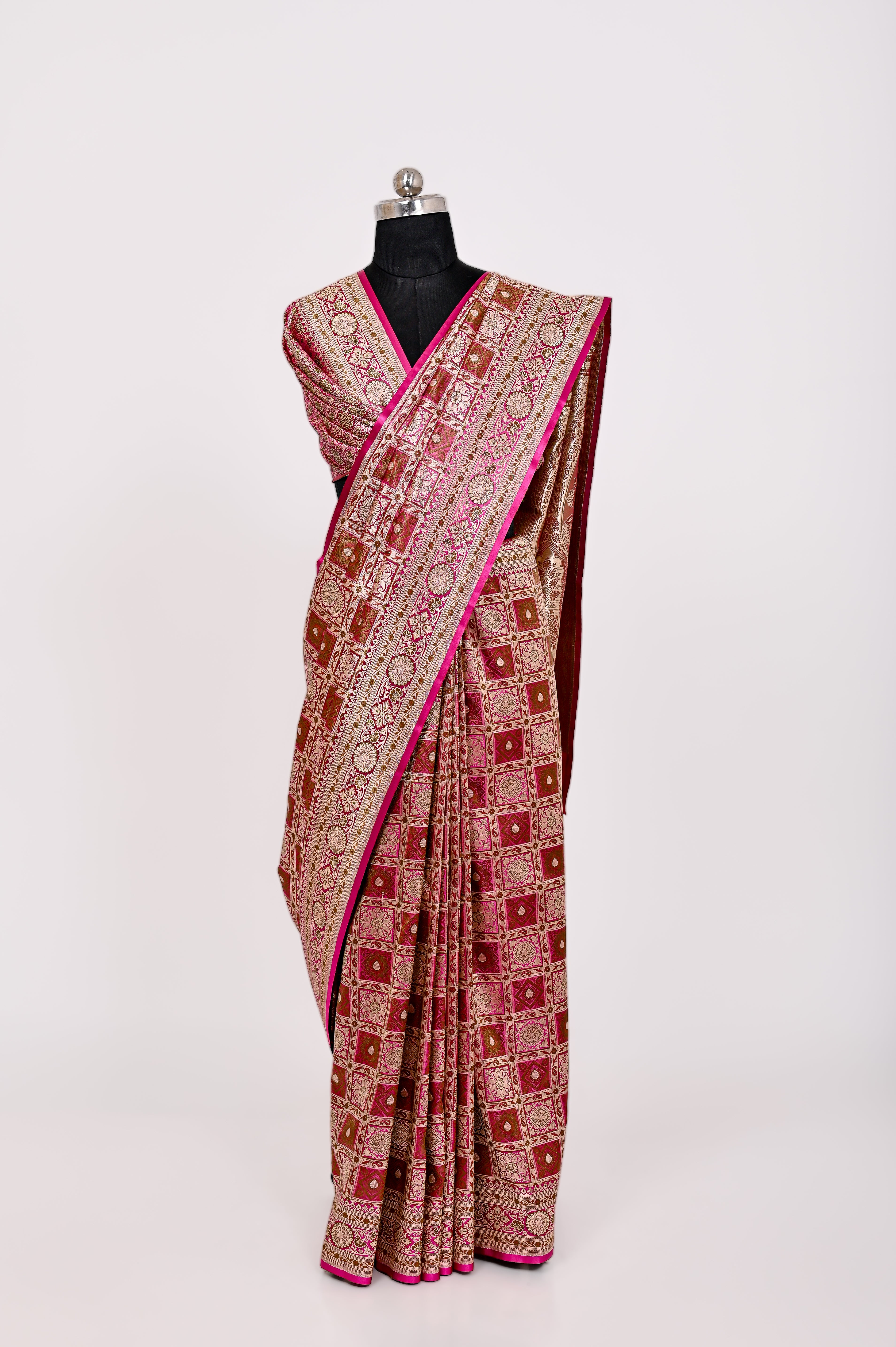 Handloom Katan Silk Alfi Patola Saree Rani Pink