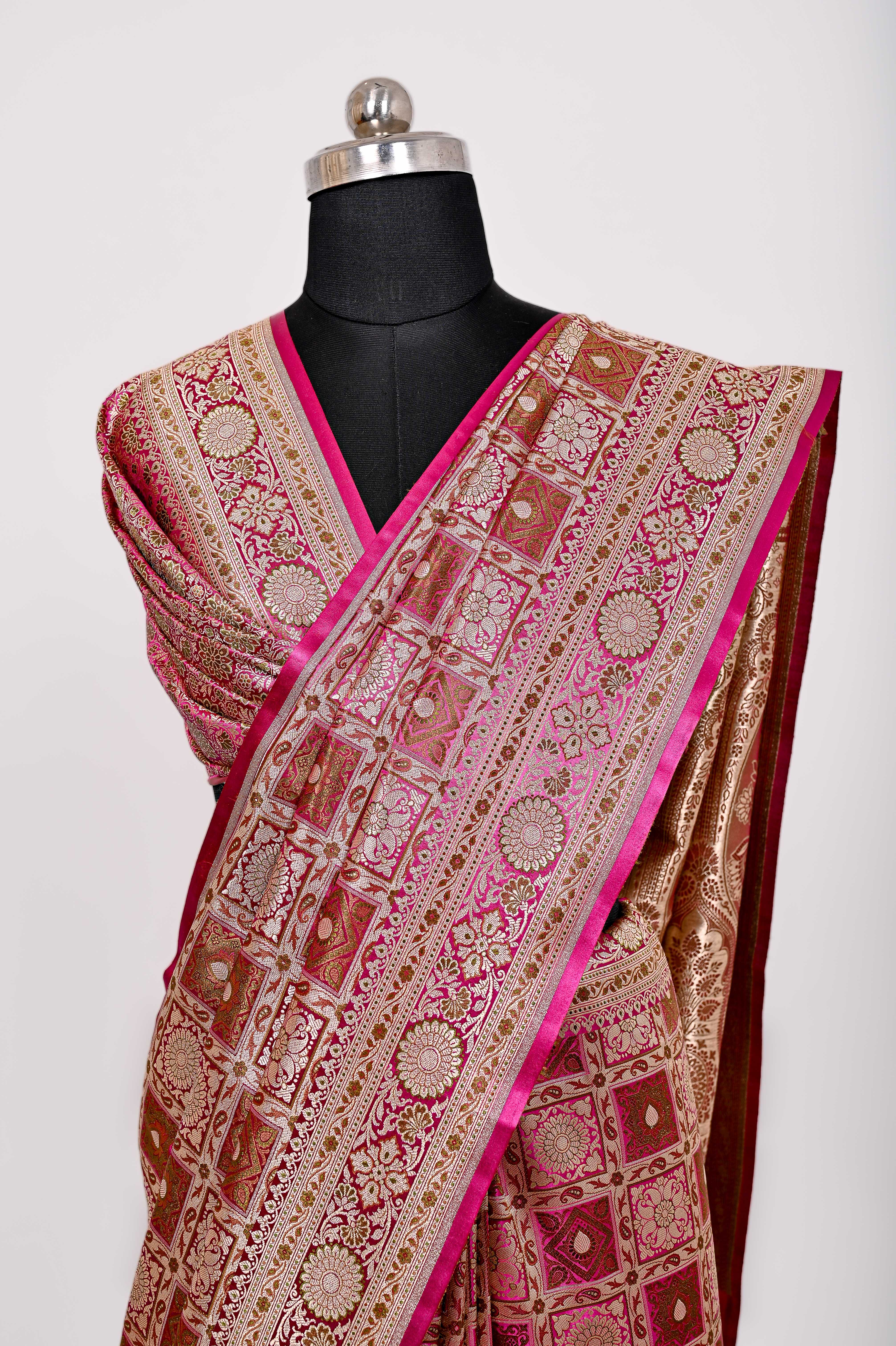 Handloom Katan Silk Alfi Patola Saree Rani Pink