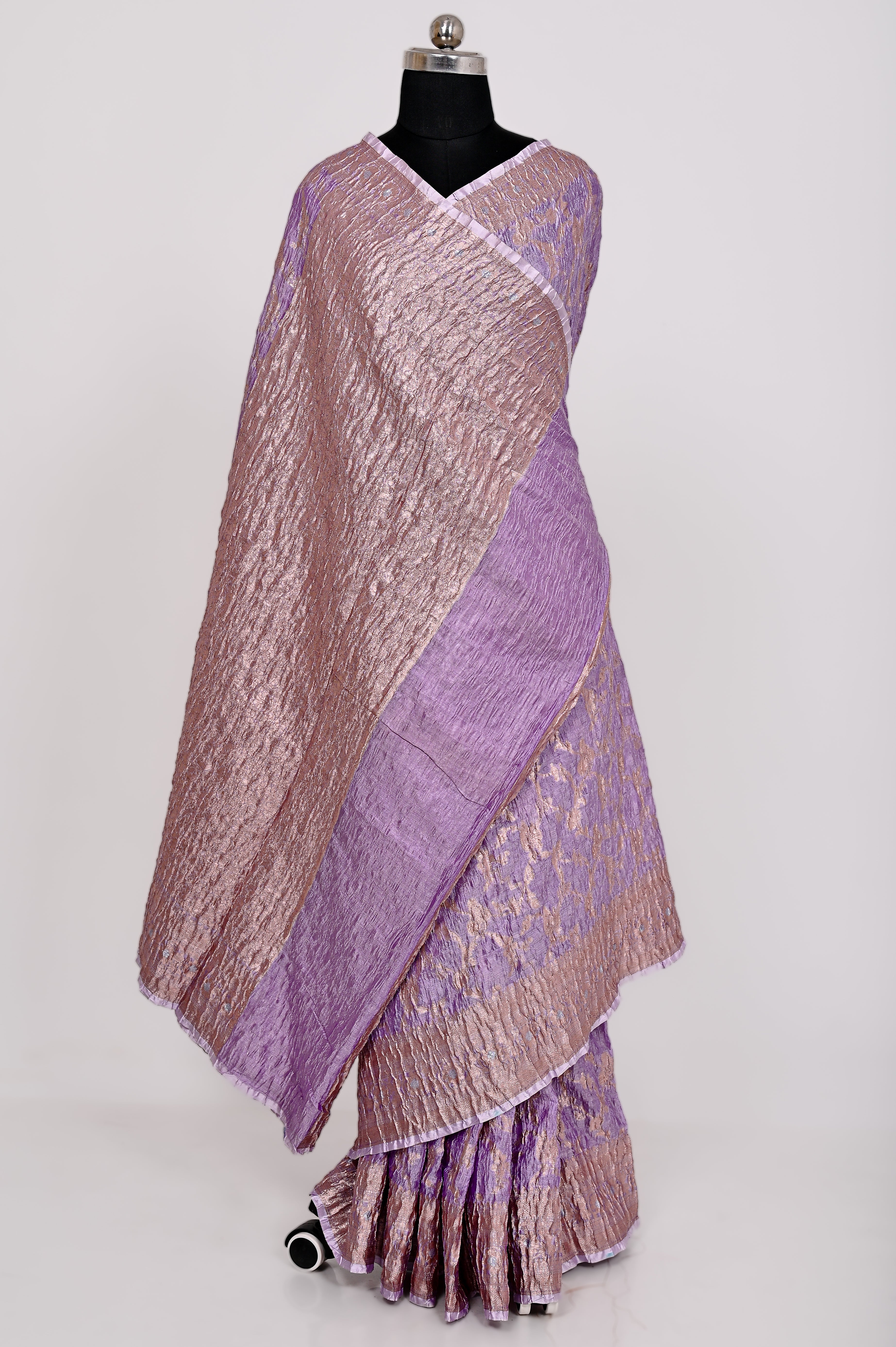 Fancy Paper Soft Silk Handwoven Crush Saree Purple