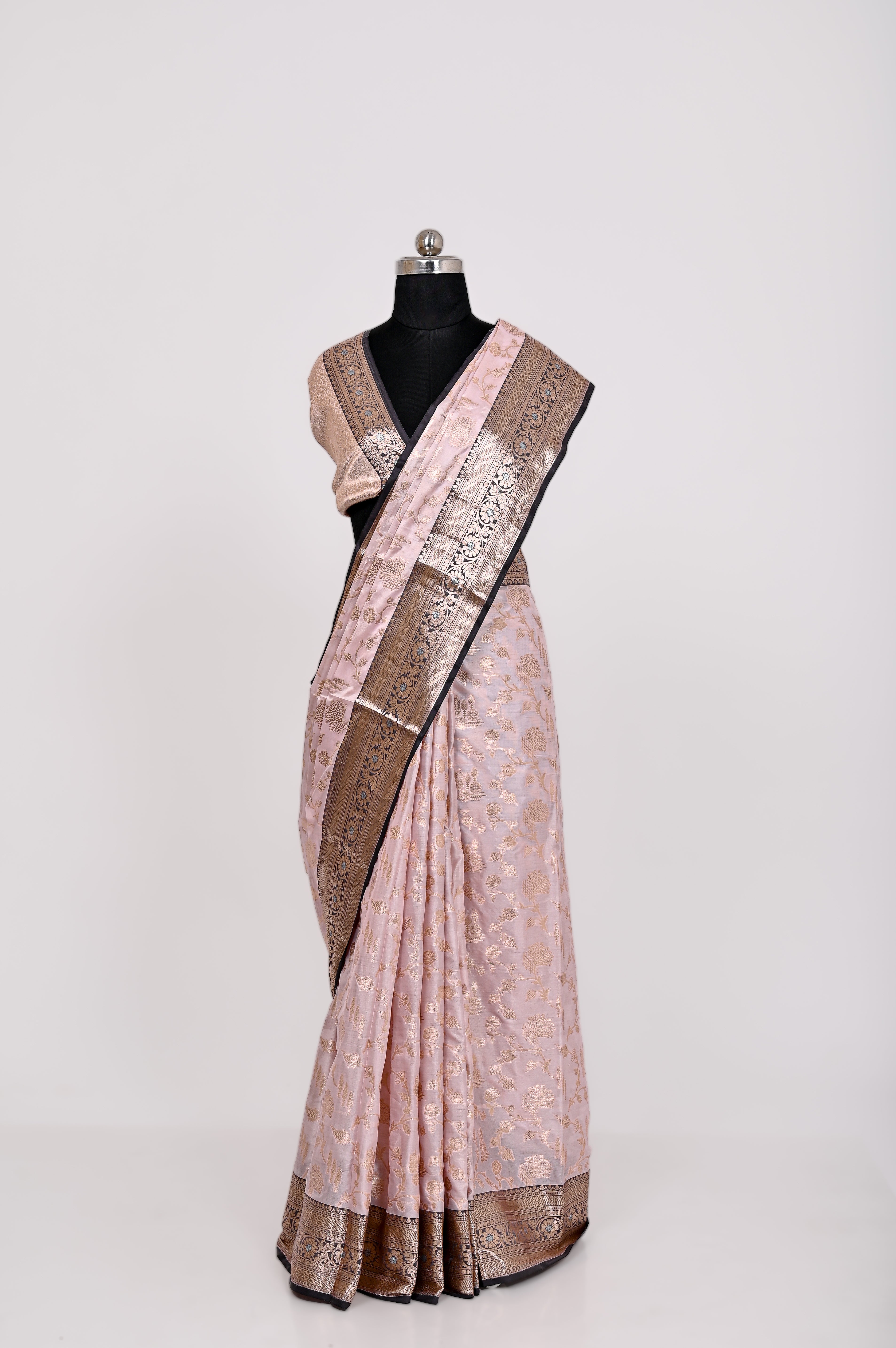 Fancy Paper Soft Silk Handwoven Contras Saree Light Pich & Black