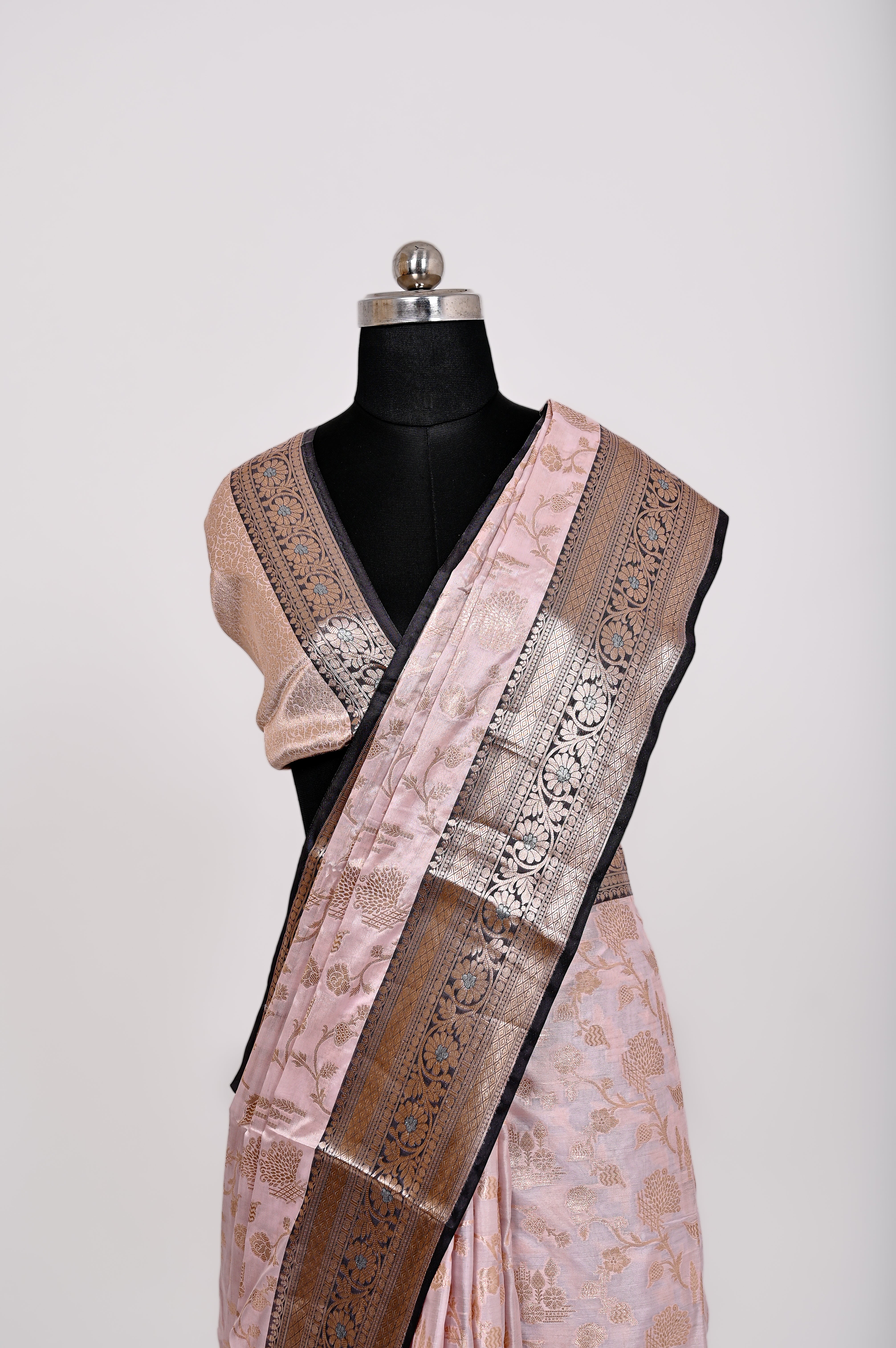 Fancy Paper Soft Silk Handwoven Contras Saree Light Pich & Black