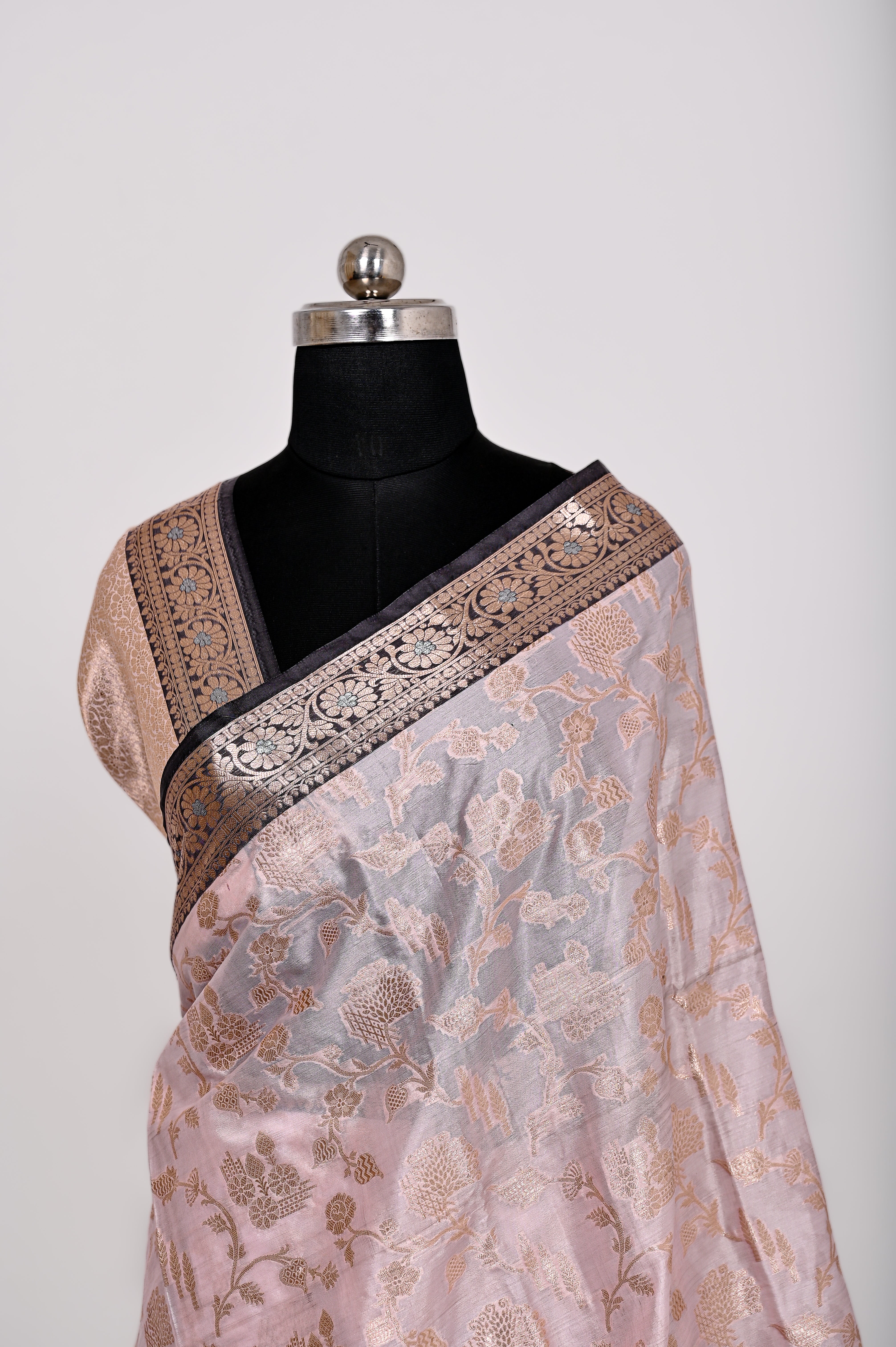Fancy Paper Soft Silk Handwoven Contras Saree Light Pich & Black
