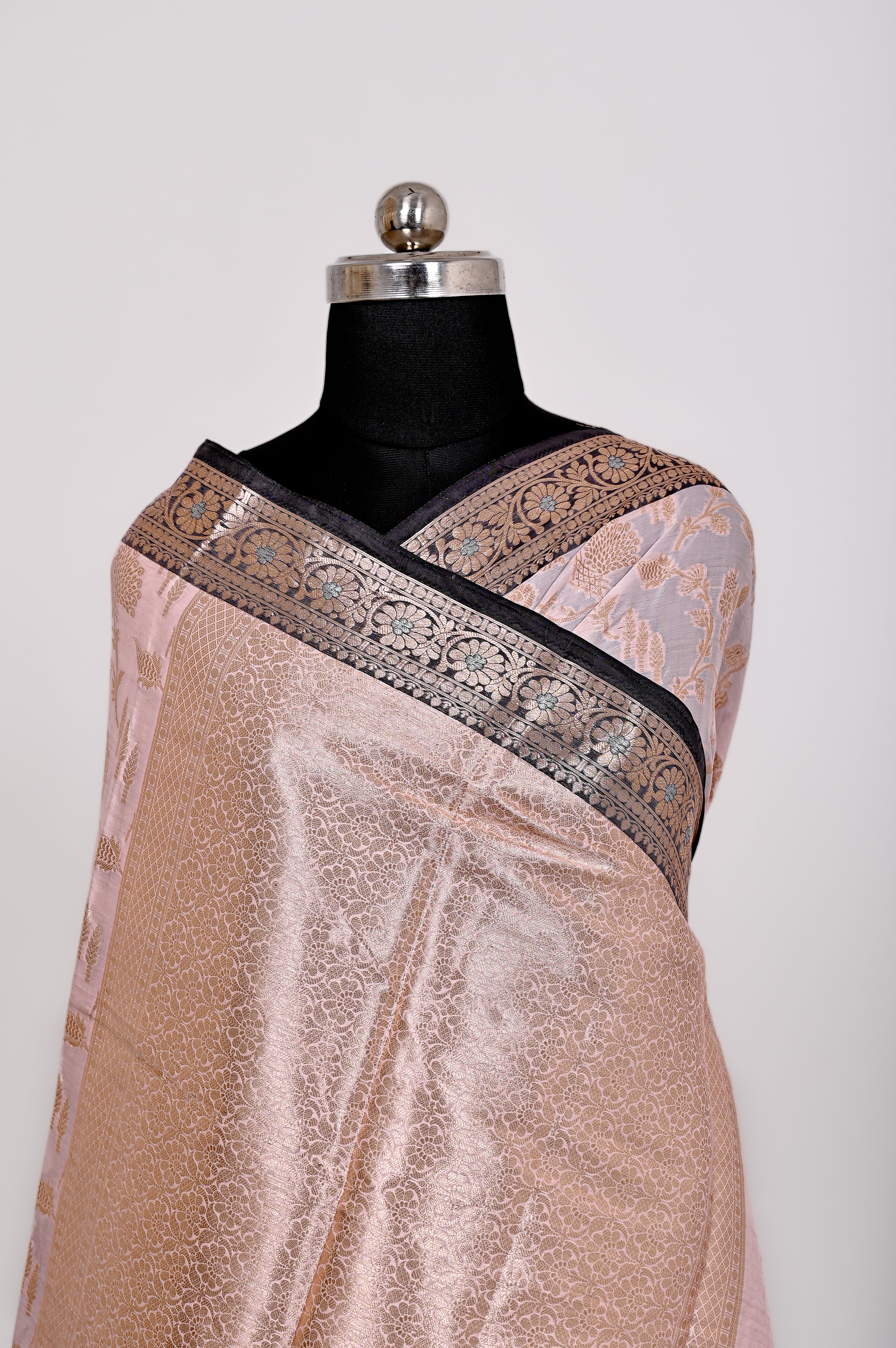 Fancy Paper Soft Silk Handwoven Contras Saree Light Pich & Black