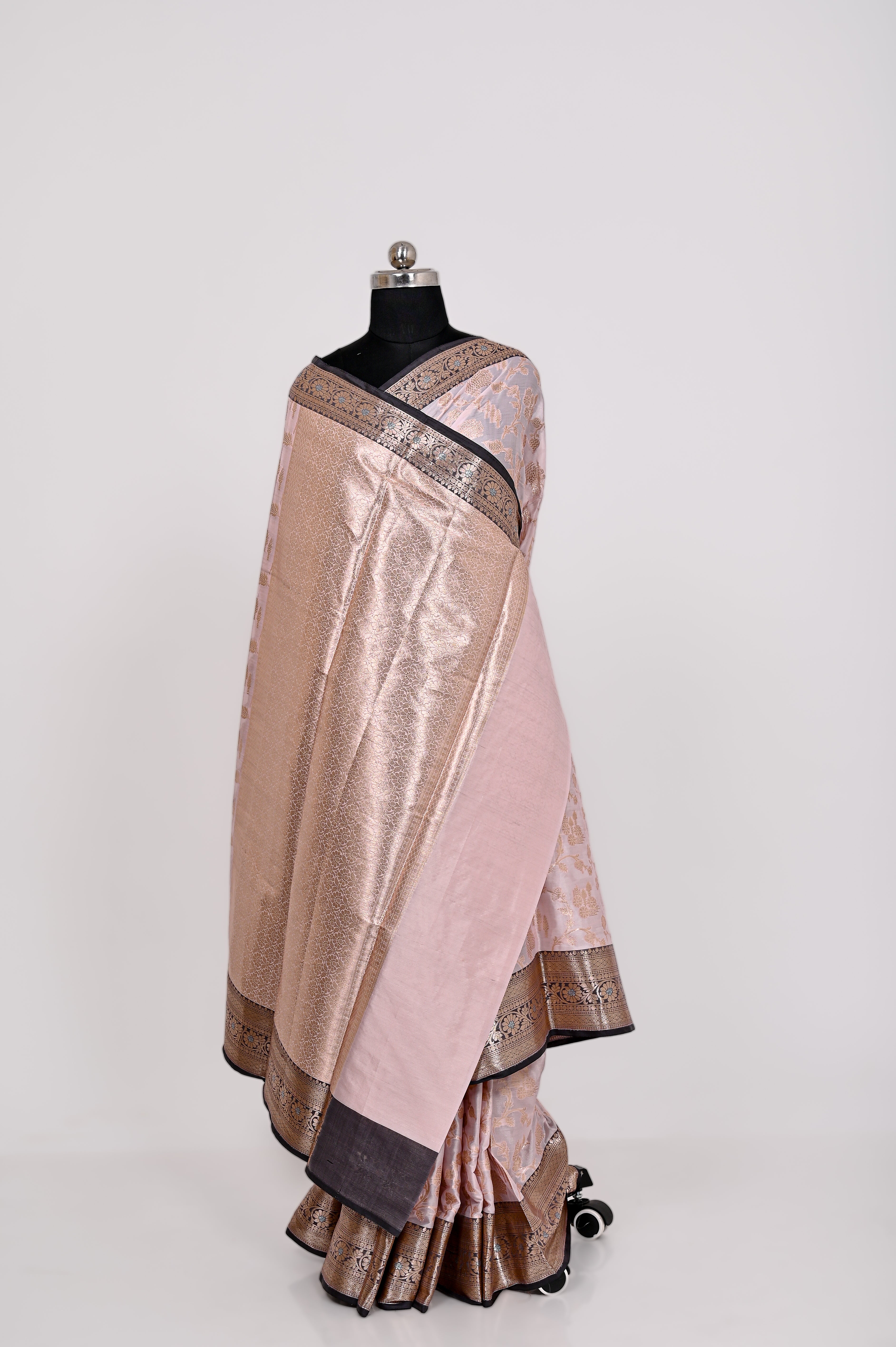 Fancy Paper Soft Silk Handwoven Contras Saree Light Pich & Black