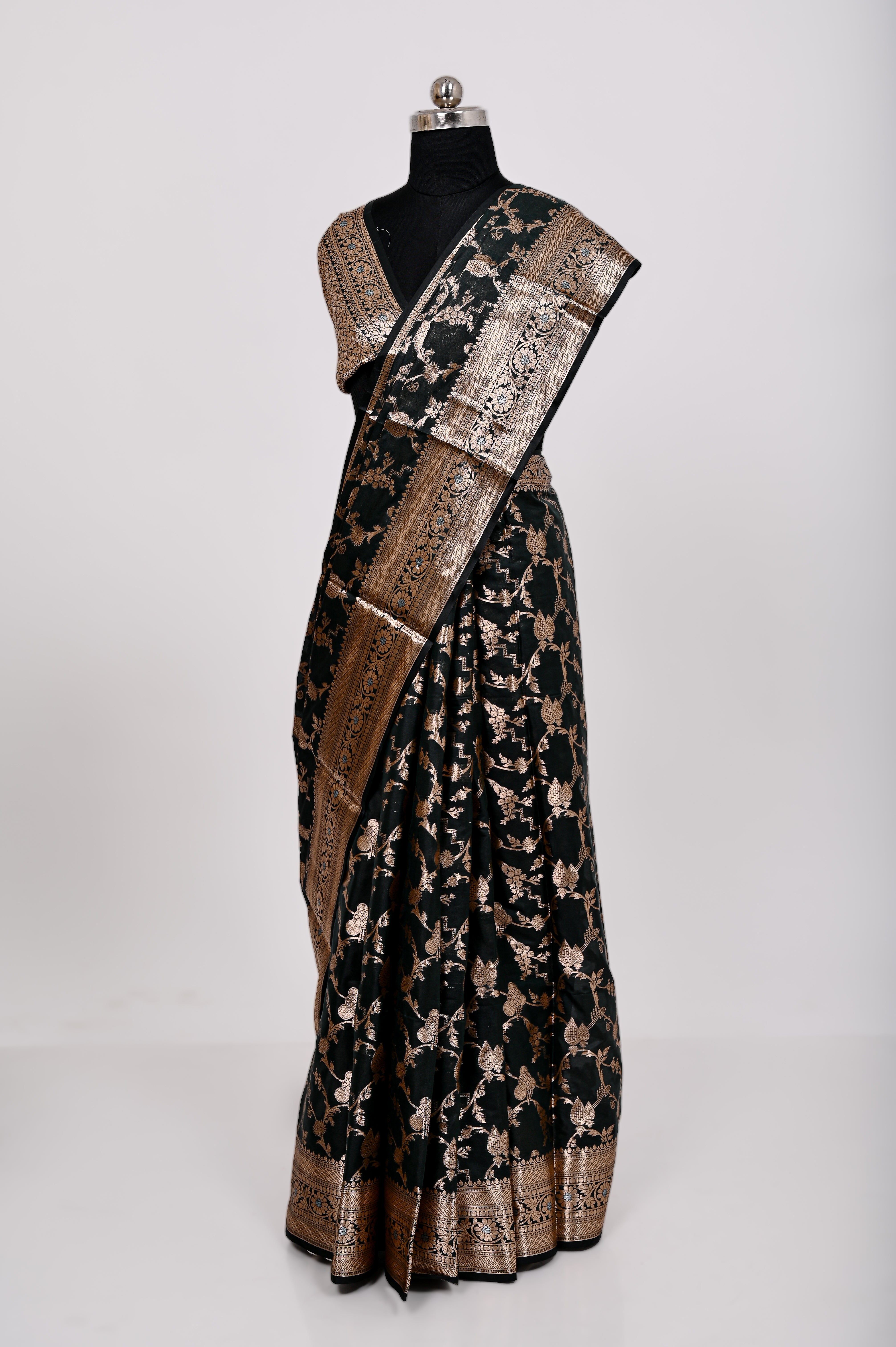 Fancy Paper Soft Silk Handwoven Saree Dark Bottle Green