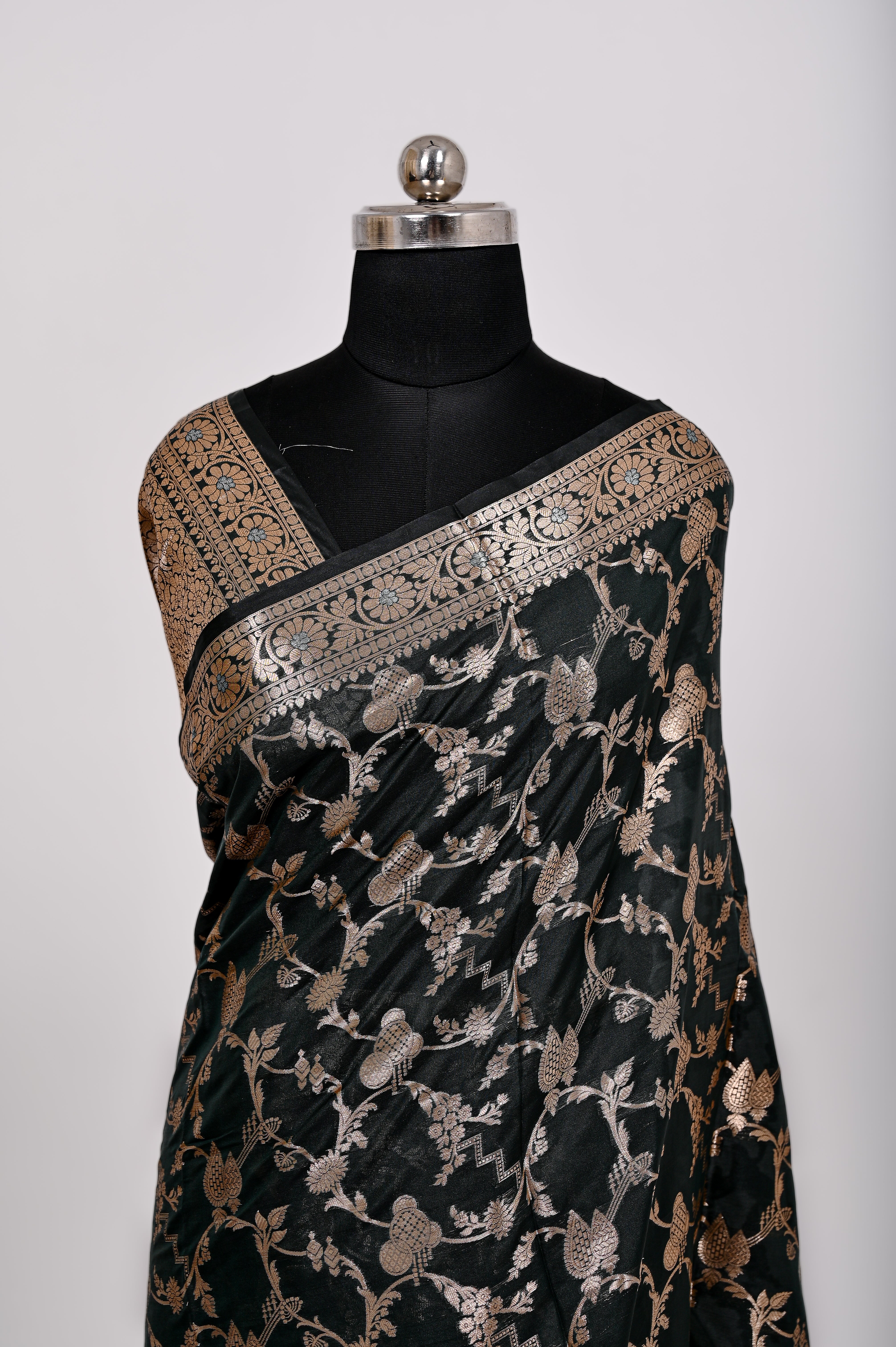 Fancy Paper Soft Silk Handwoven Saree Dark Bottle Green