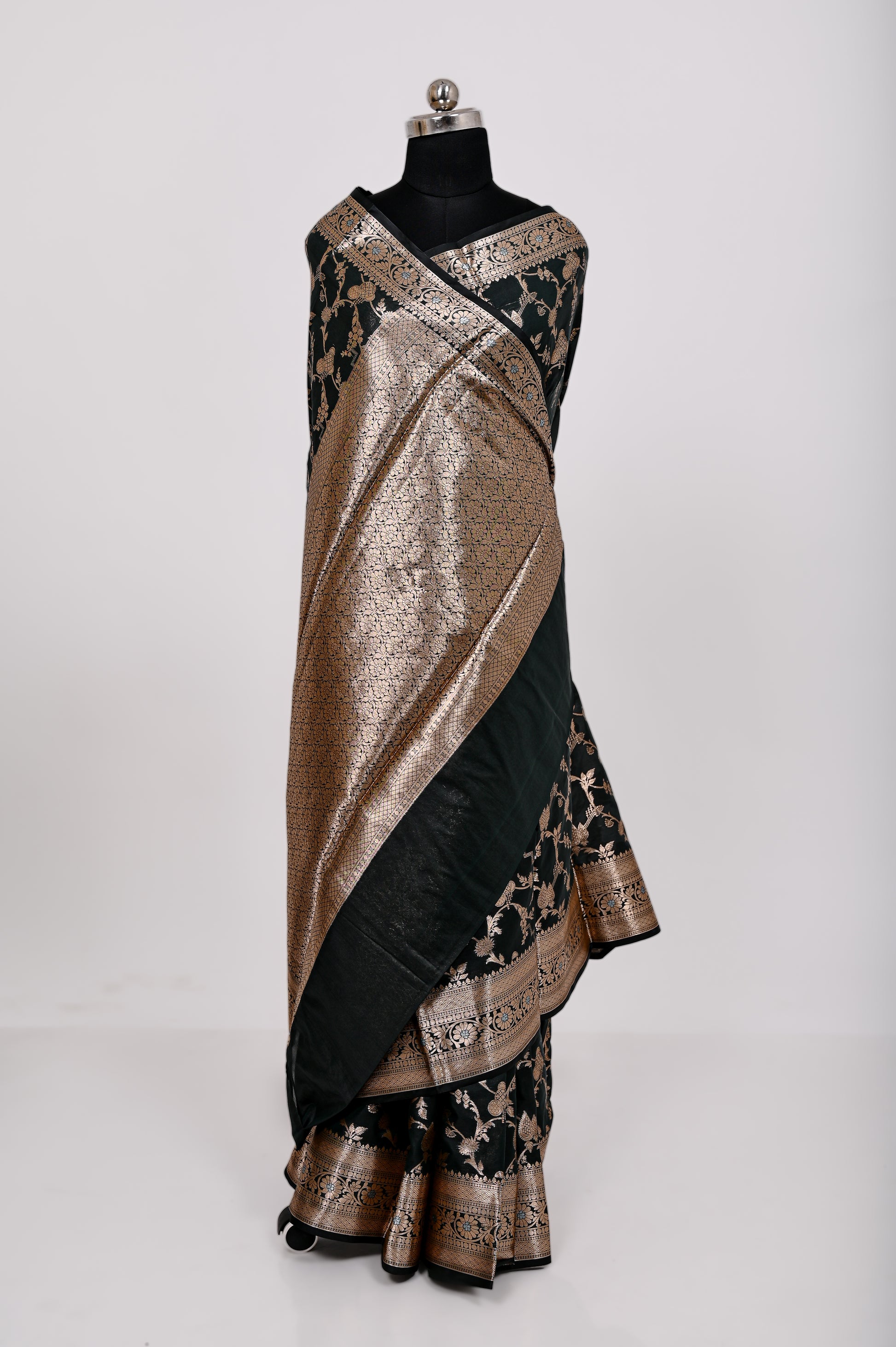 Fancy Paper Soft Silk Handwoven Saree Dark Bottle Green