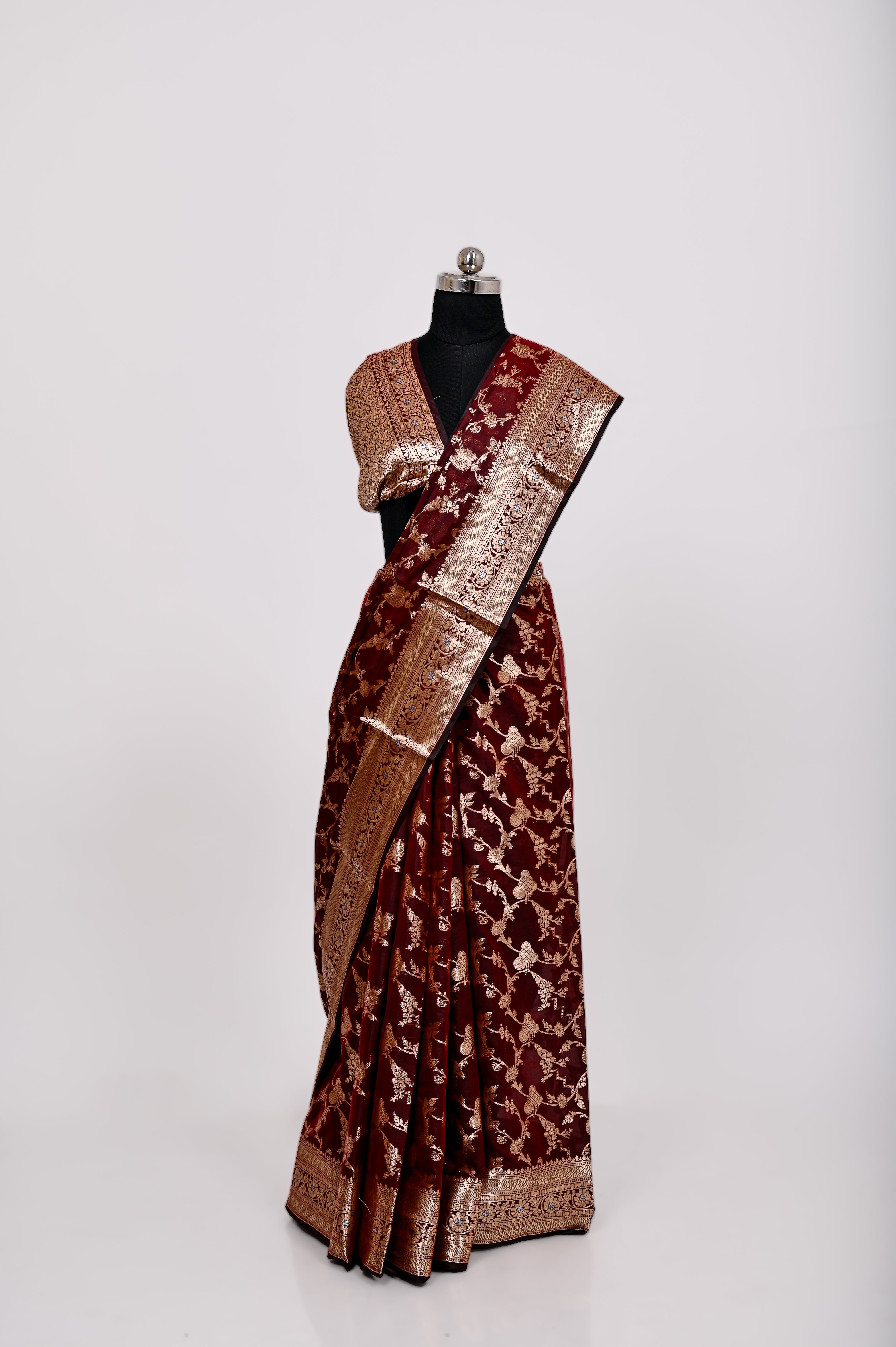 Fancy Paper Soft Silk Handwoven Saree Dark Red