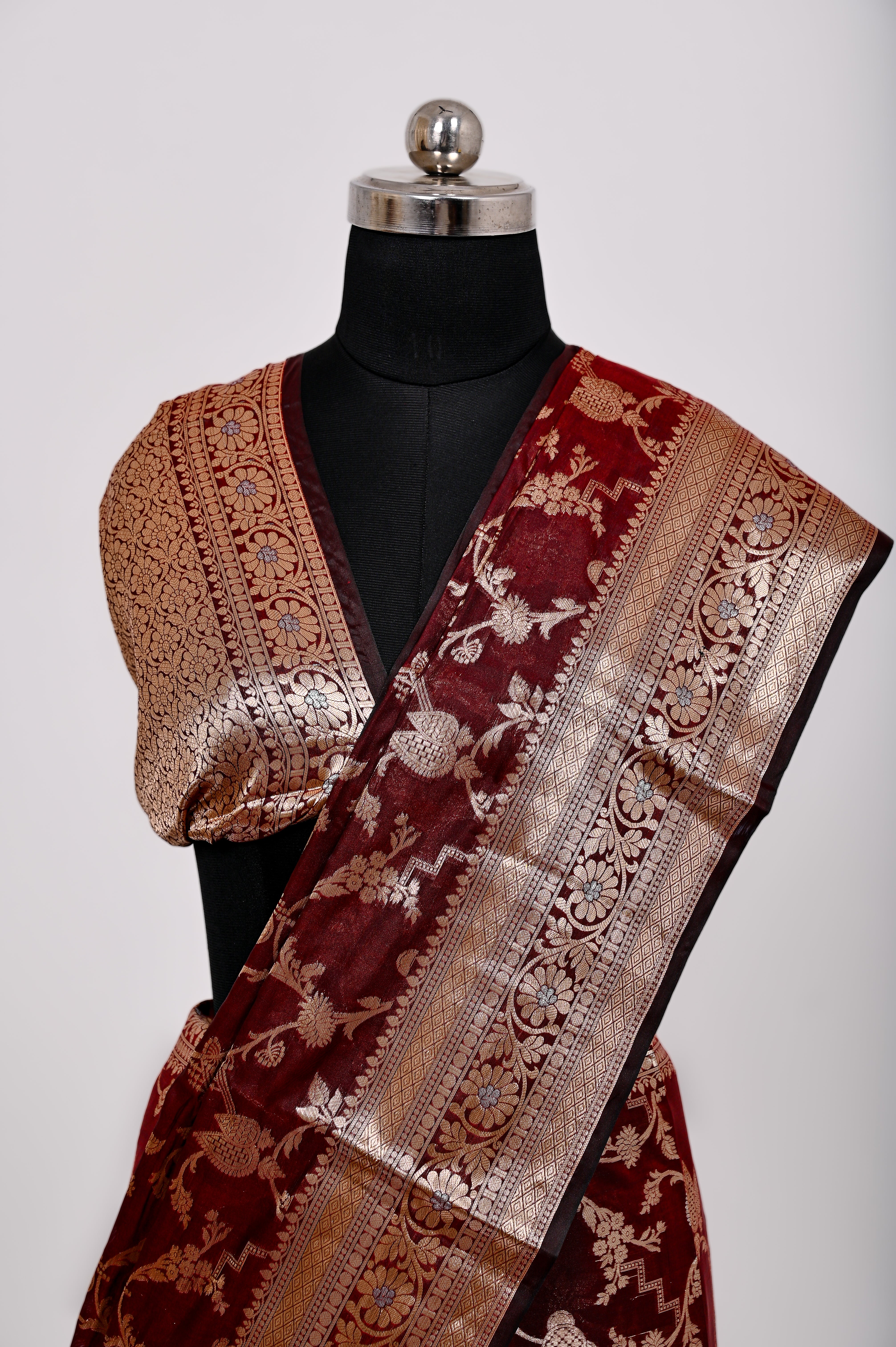 Fancy Paper Soft Silk Handwoven Saree Dark Red