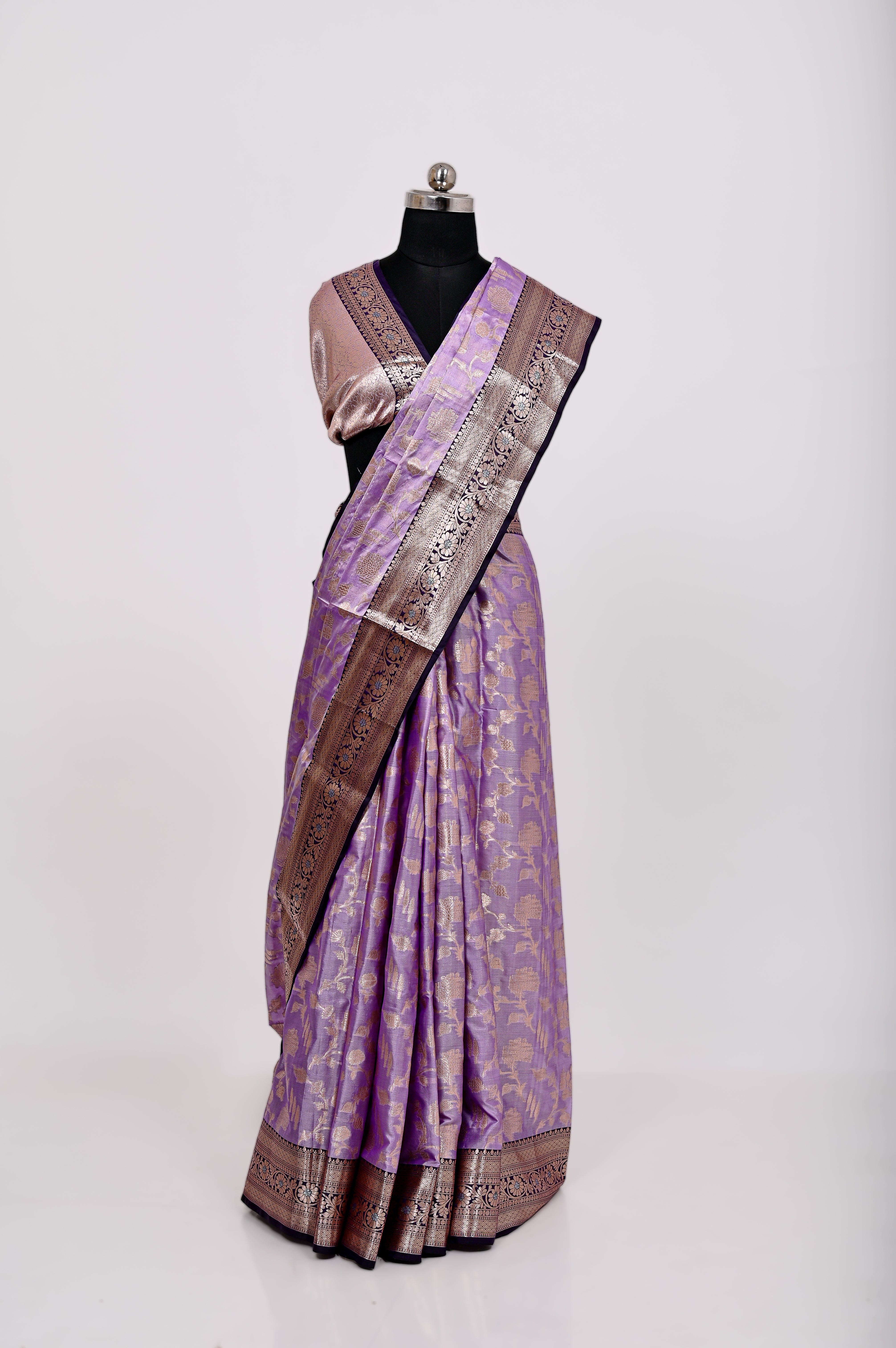 Fancy Paper Soft Silk Handwoven Contras Saree Lavander and Black