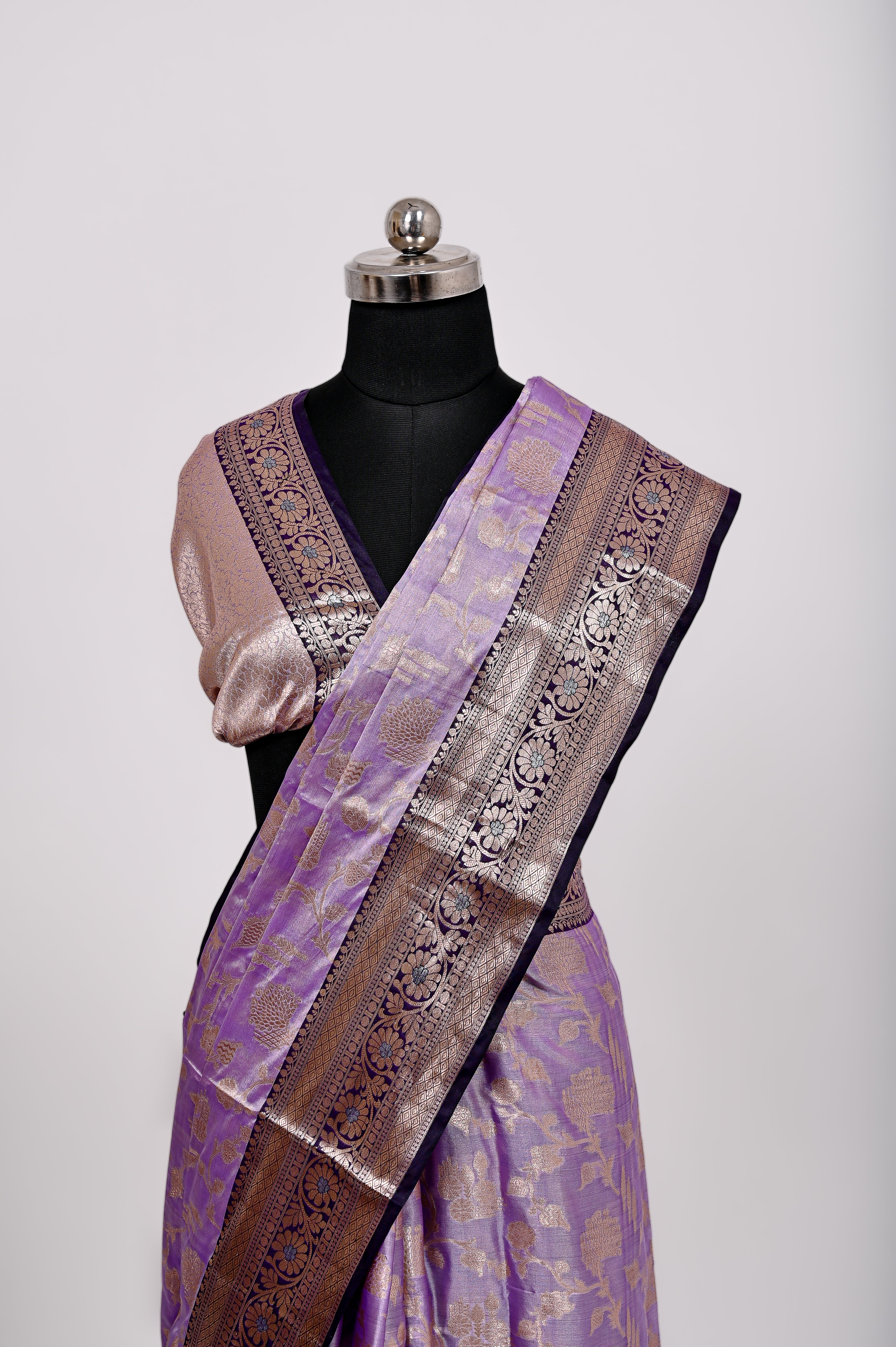 Fancy Paper Soft Silk Handwoven Contras Saree Lavander and Black