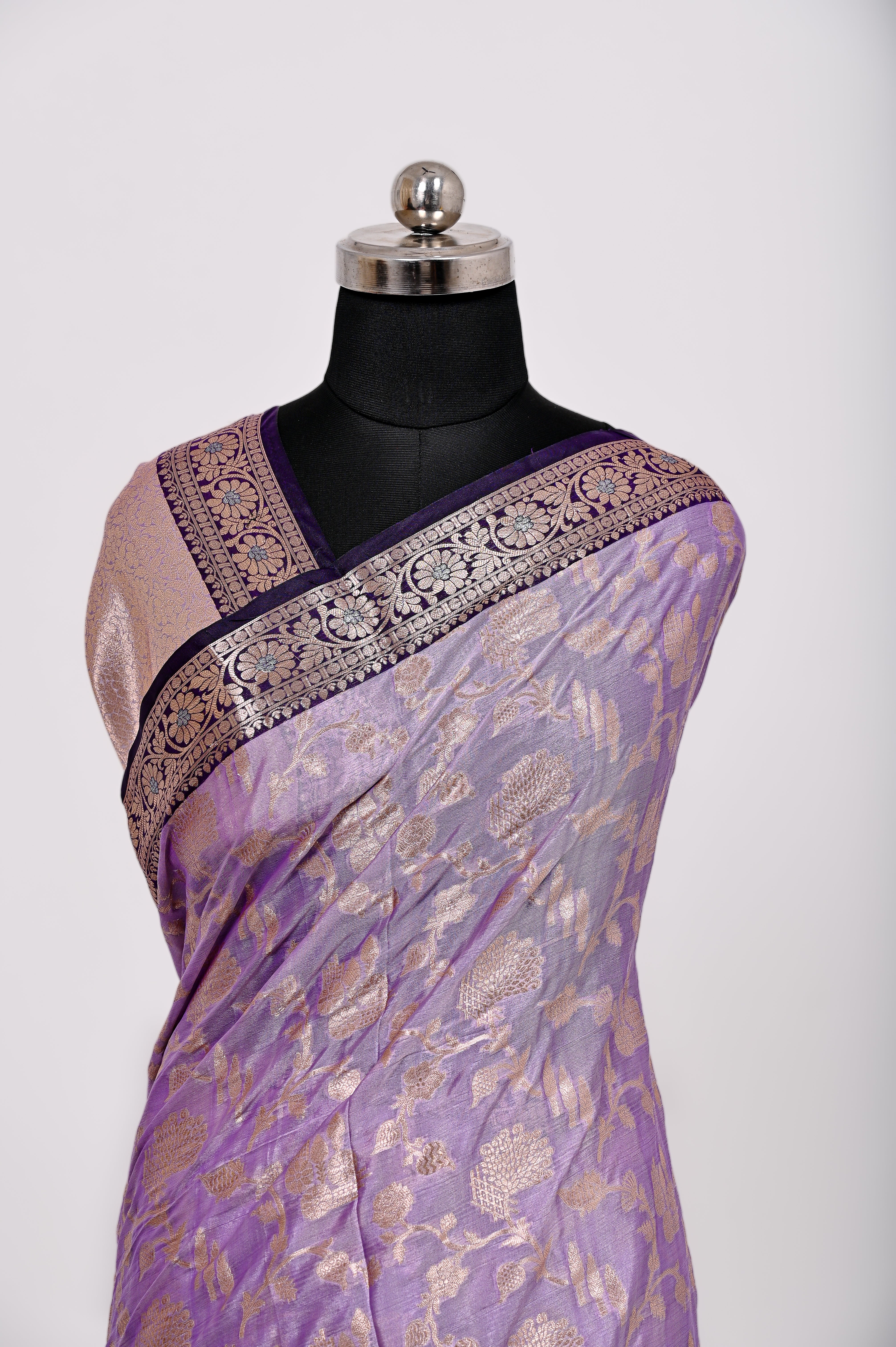 Fancy Paper Soft Silk Handwoven Contras Saree Lavander and Black