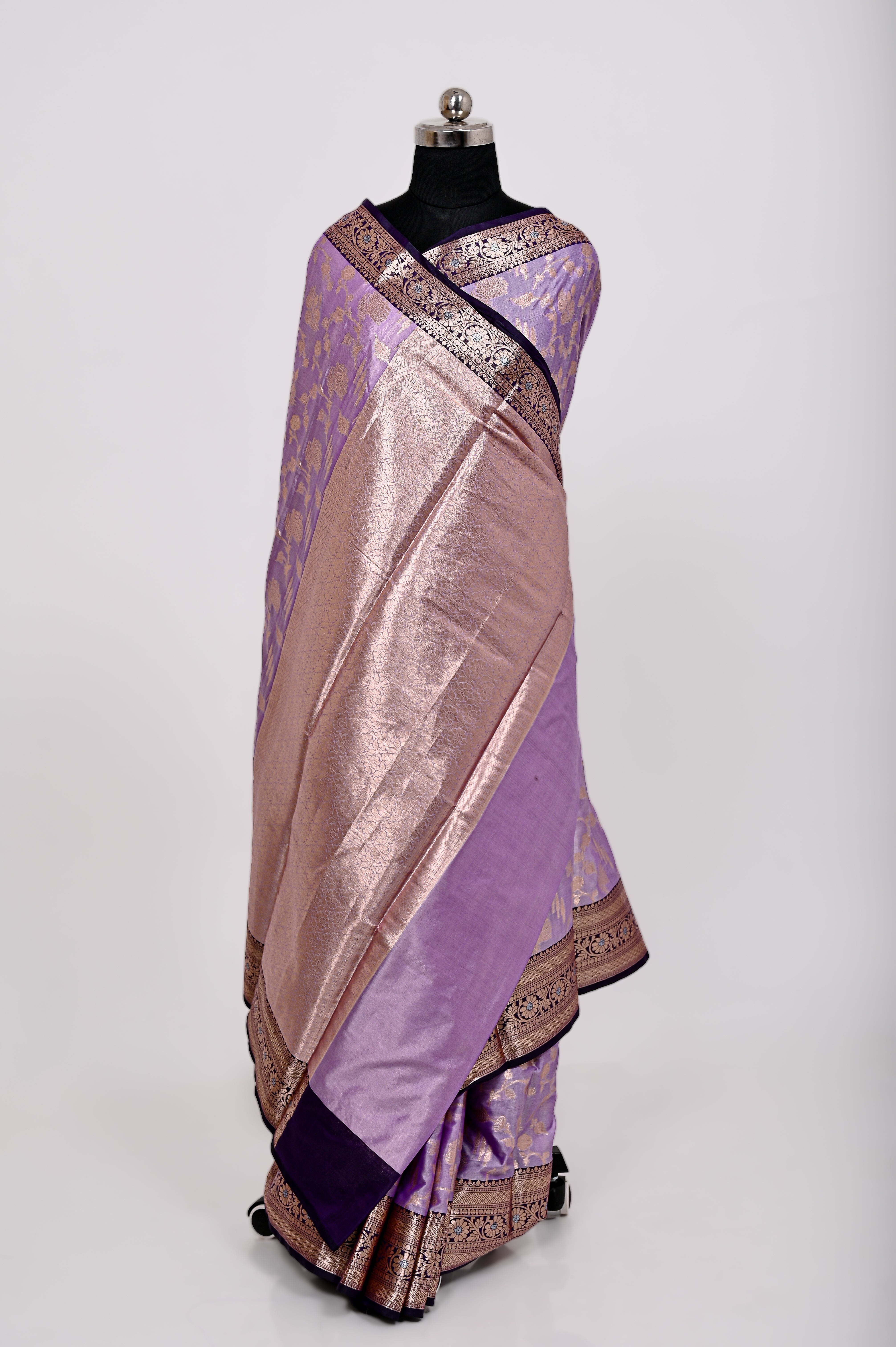 Fancy Paper Soft Silk Handwoven Contras Saree Lavander and Black