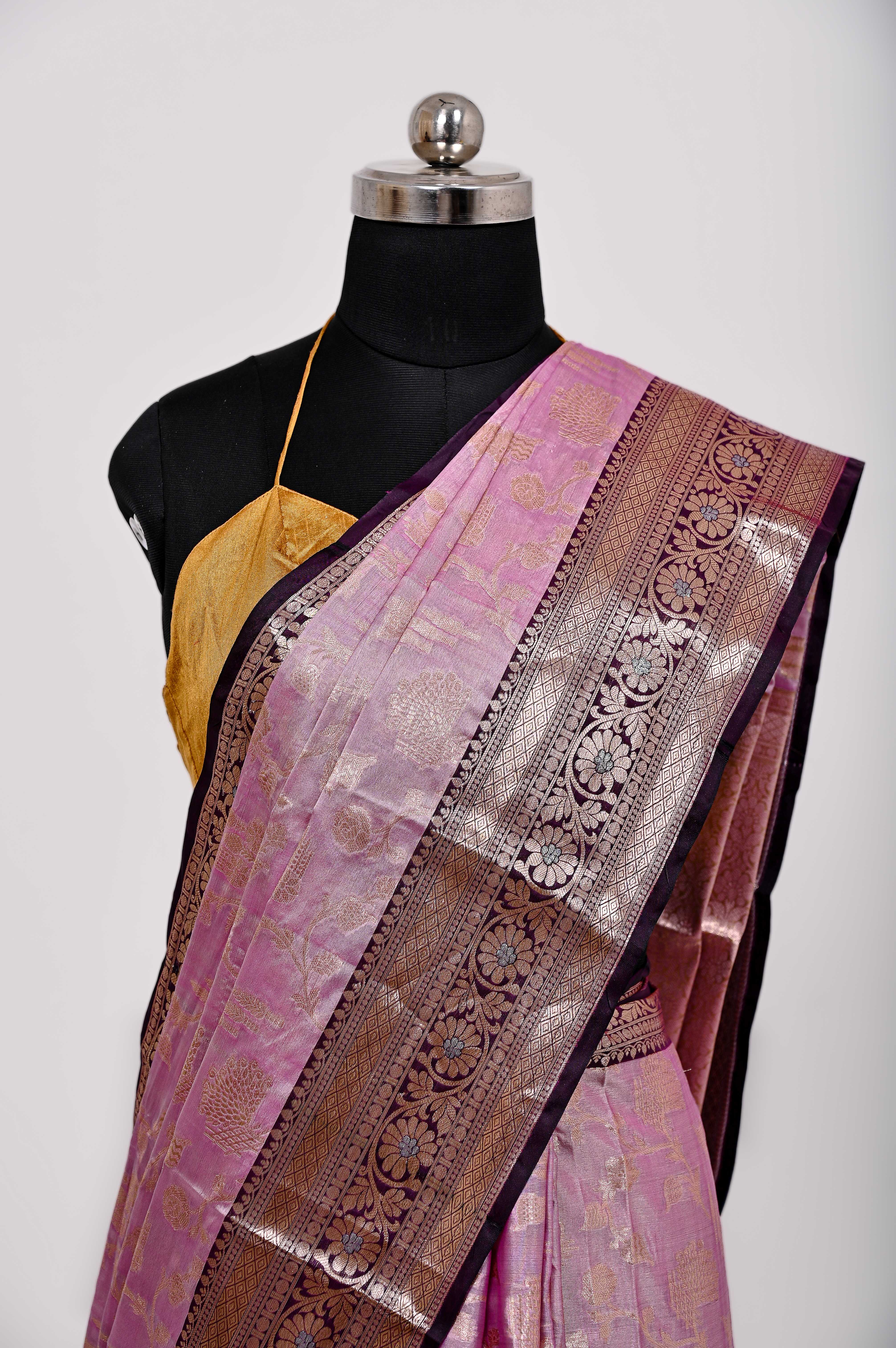 Fancy Paper Soft Silk Handwoven Contras Saree Purple & Black