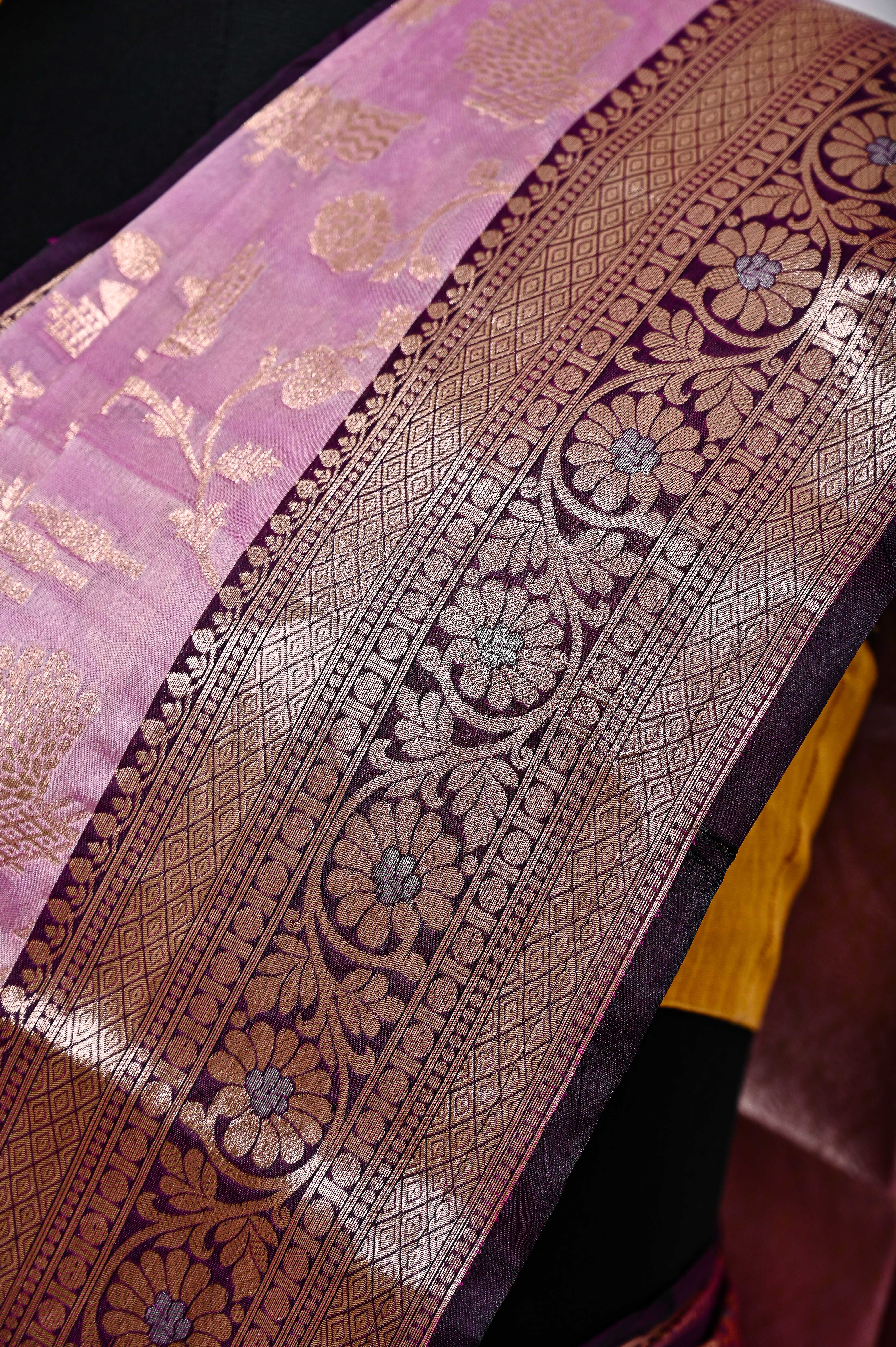 Fancy Paper Soft Silk Handwoven Contras Saree Purple & Black