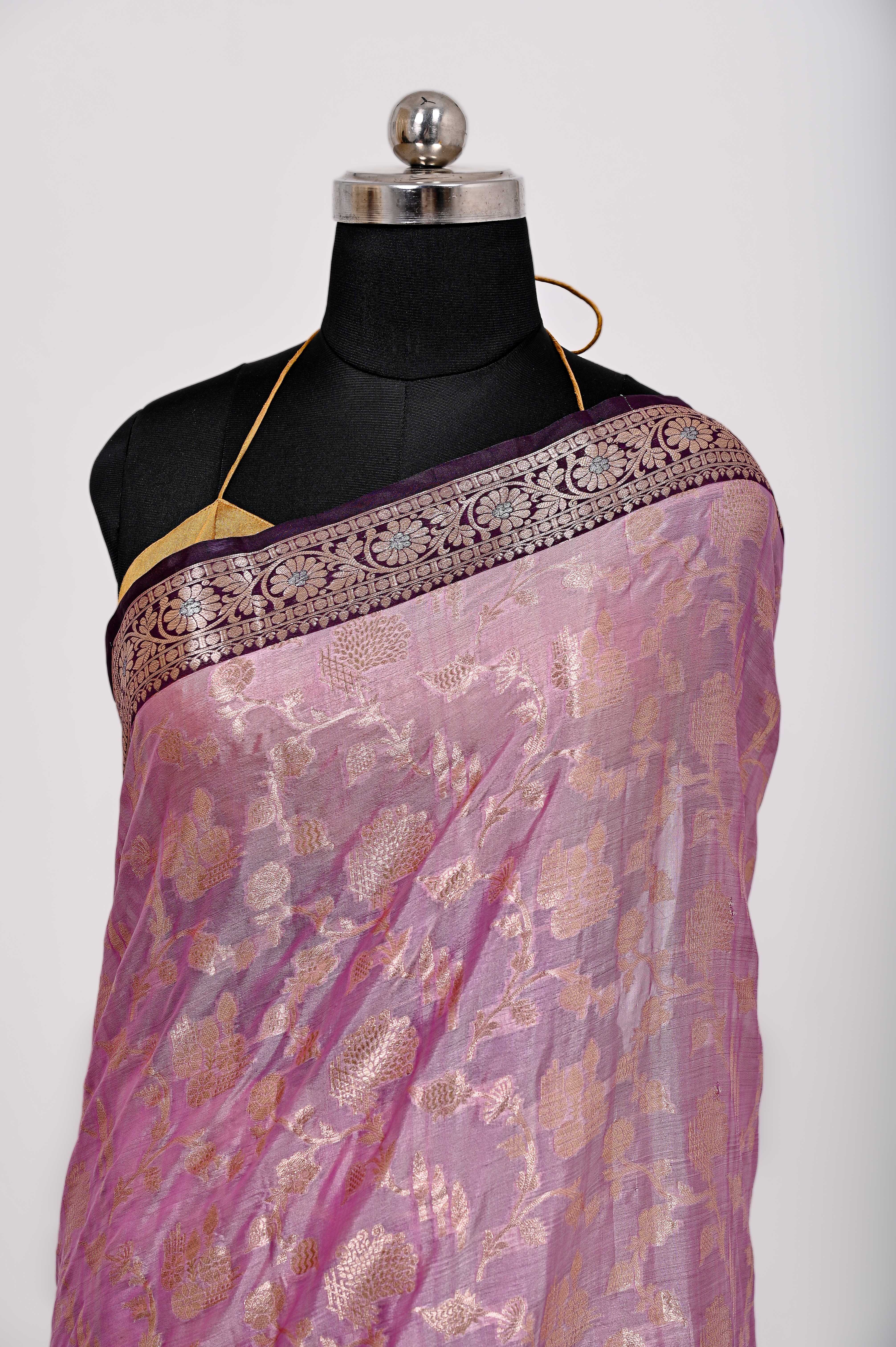 Fancy Paper Soft Silk Handwoven Contras Saree Purple & Black