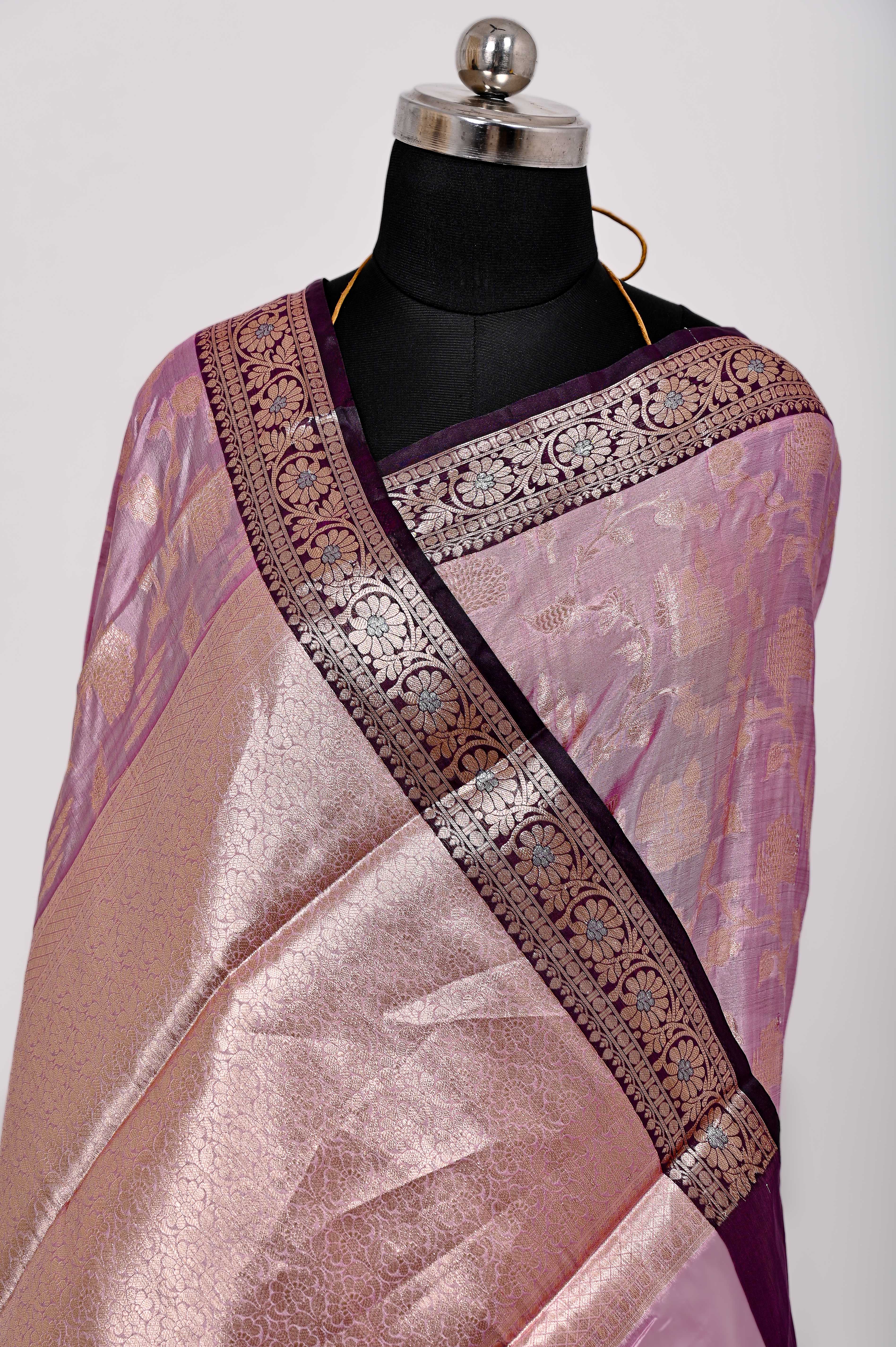 Fancy Paper Soft Silk Handwoven Contras Saree Purple & Black