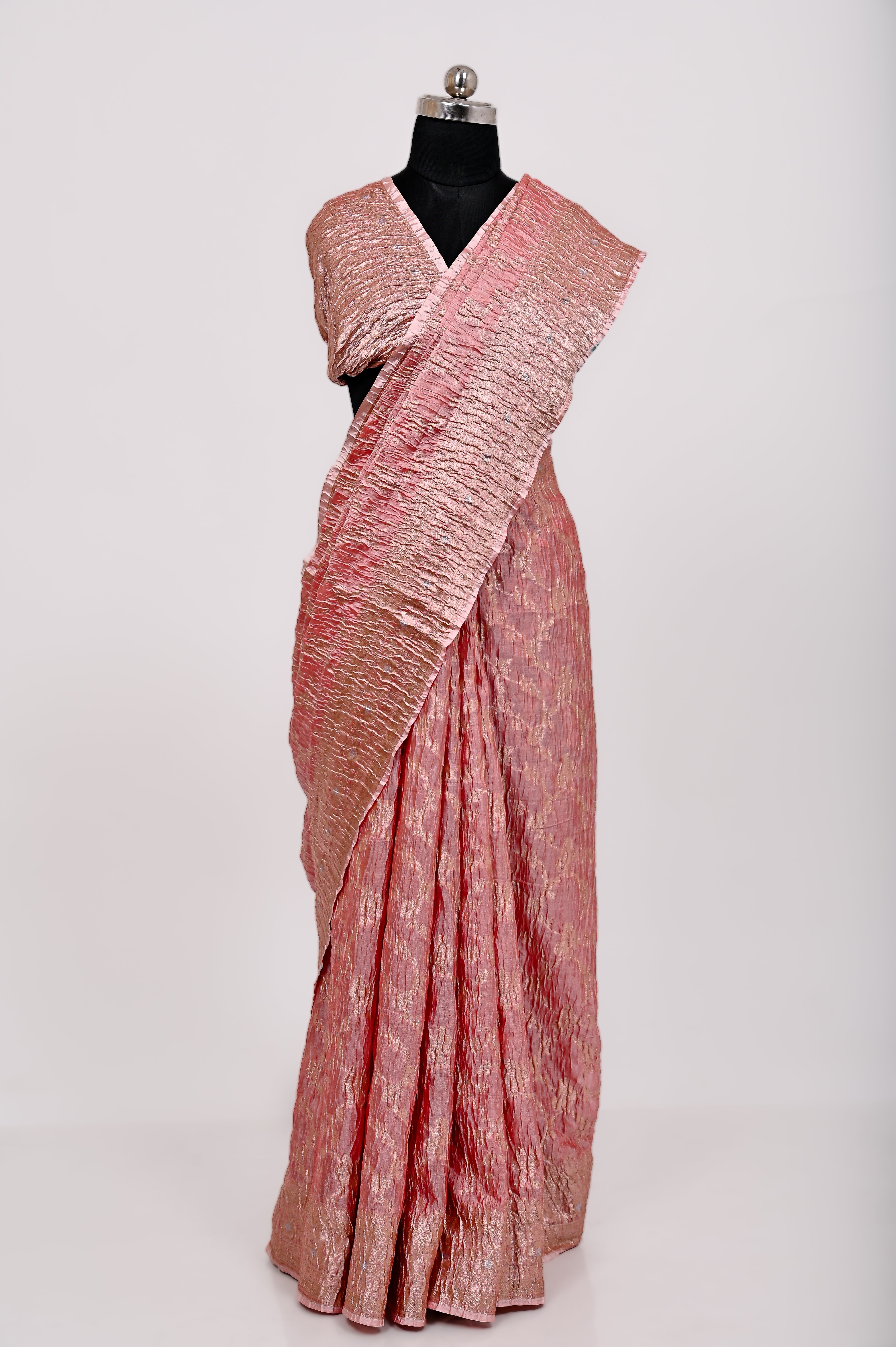 Fancy Paper Soft Silk Handwoven Crush Saree Light Pich