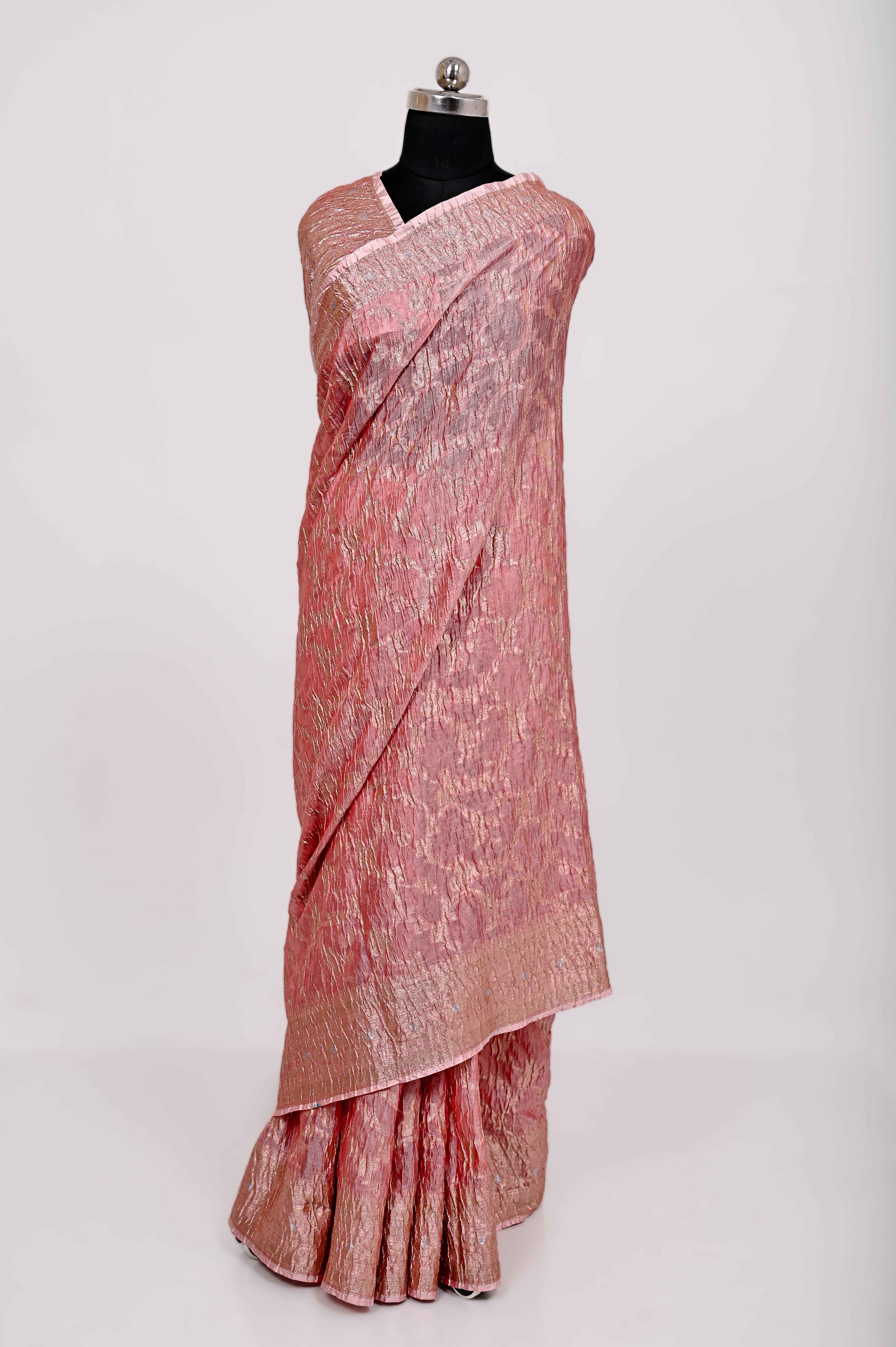 Fancy Paper Soft Silk Handwoven Crush Saree Light Pich