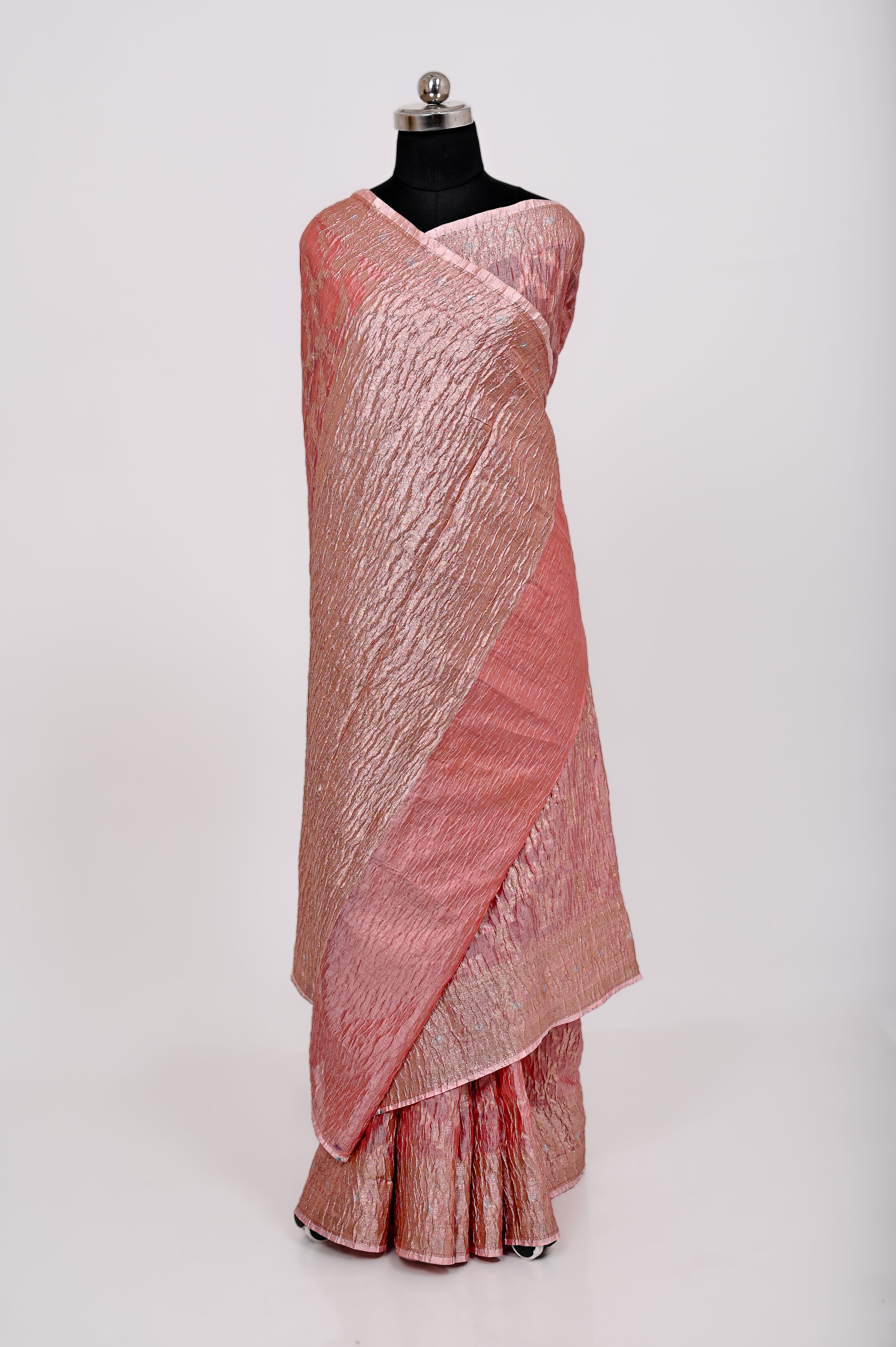 Fancy Paper Soft Silk Handwoven Crush Saree Light Pich