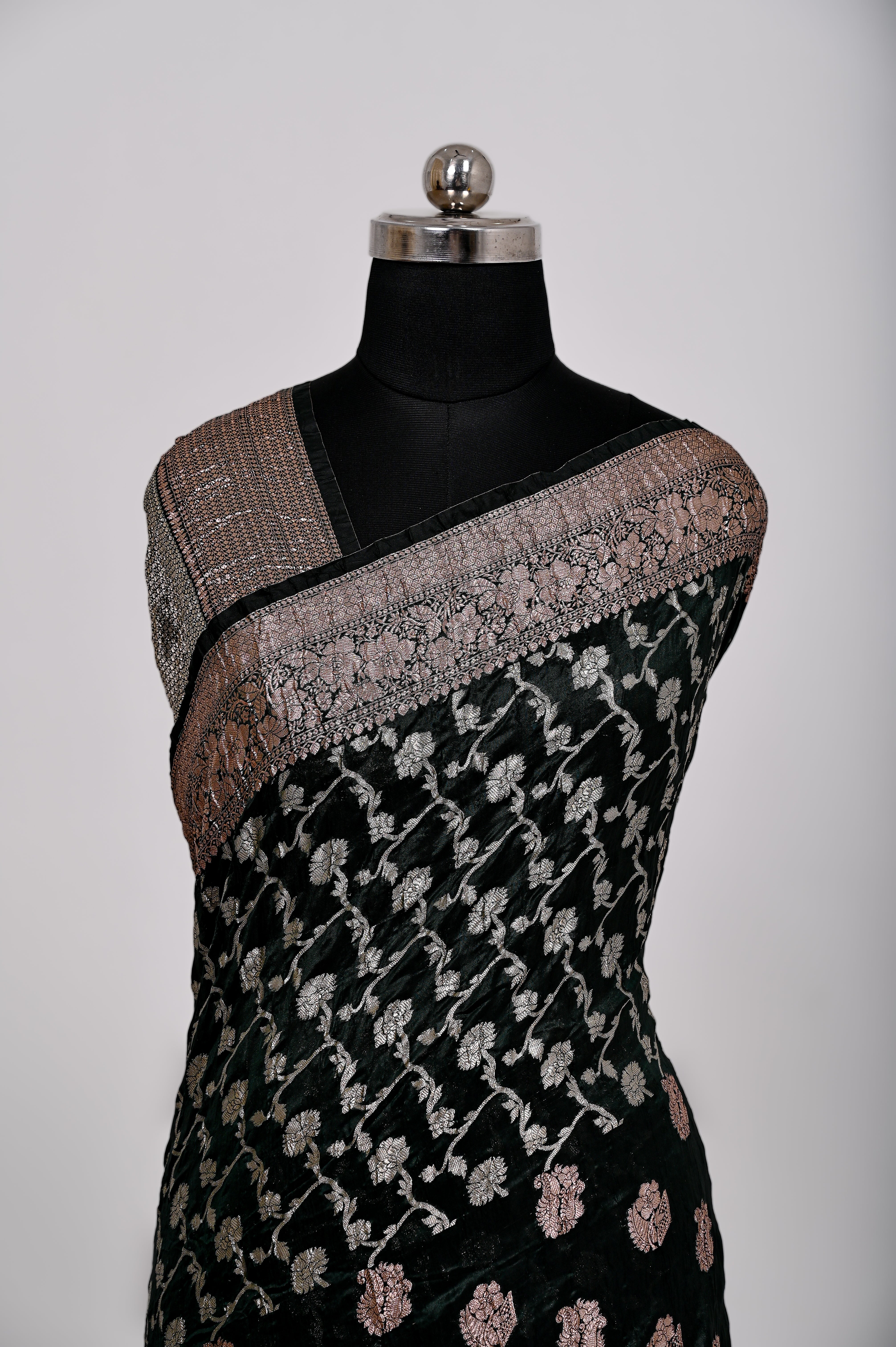 Fancy Paper soft Silk Handwoven Crush Saree Bottle Green