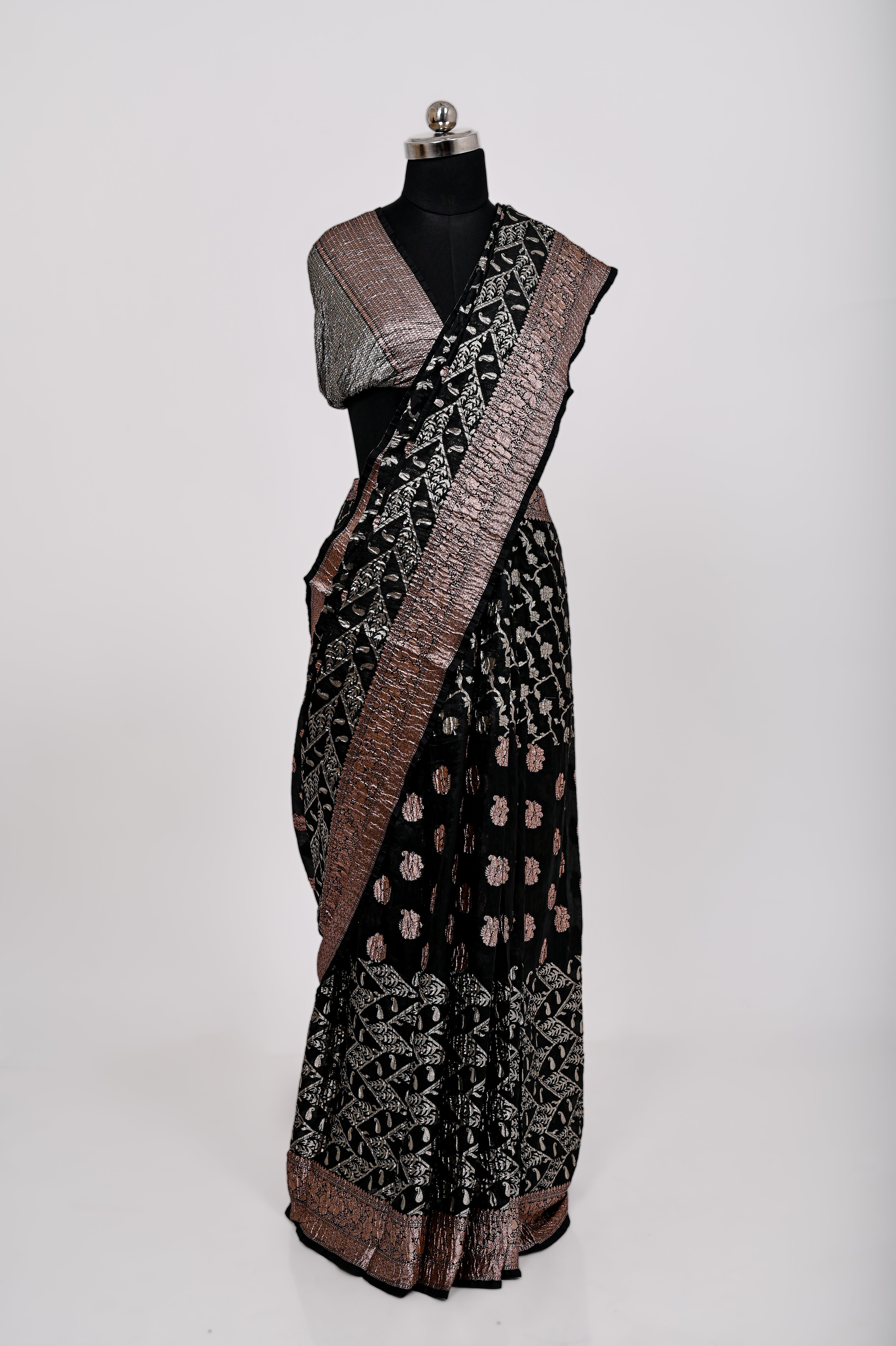 Fancy Paper soft Silk Handwoven Crush Saree Dark Black