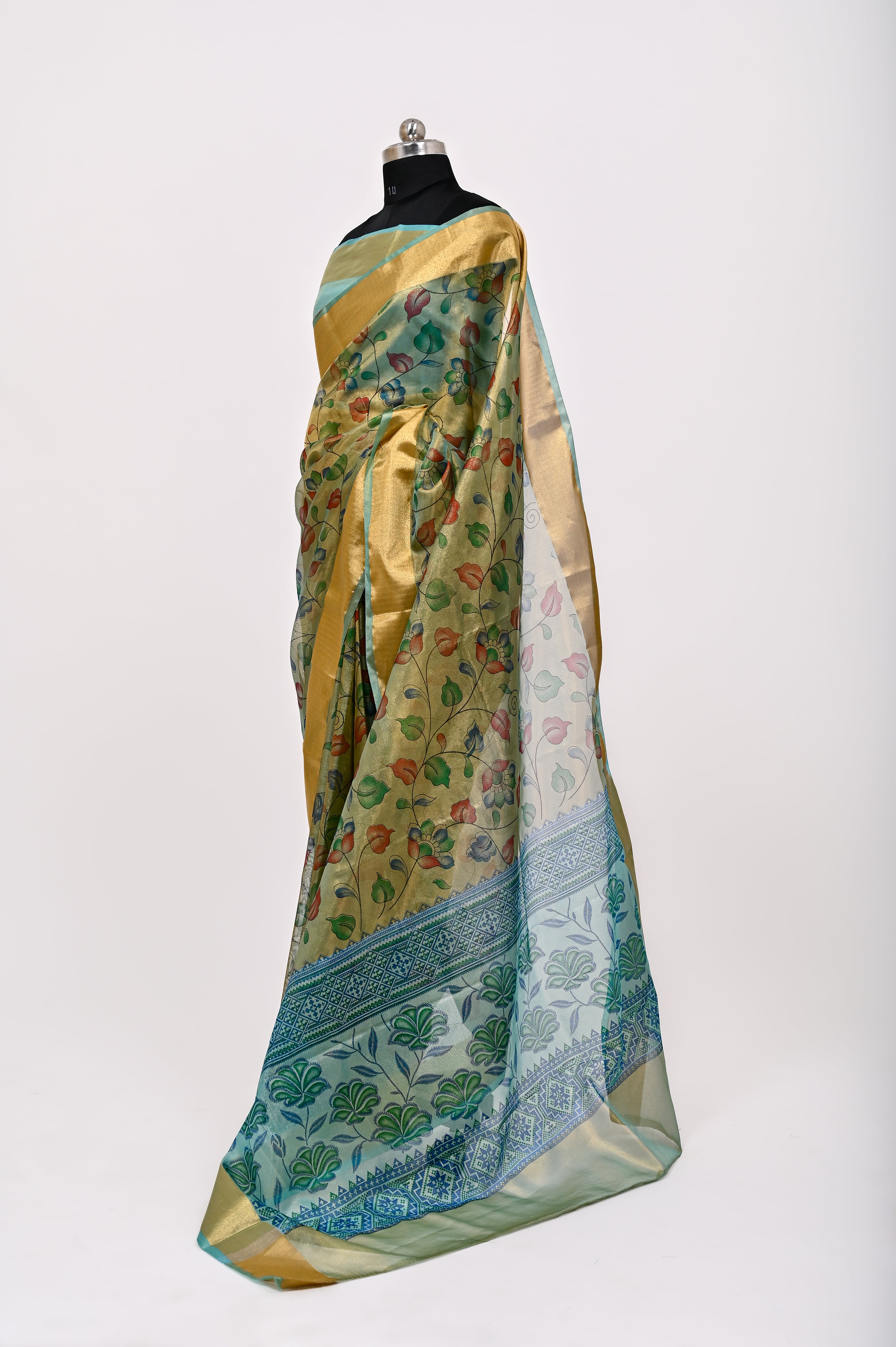 Banarsi Tissue Silk Printed Saree Light Firozi