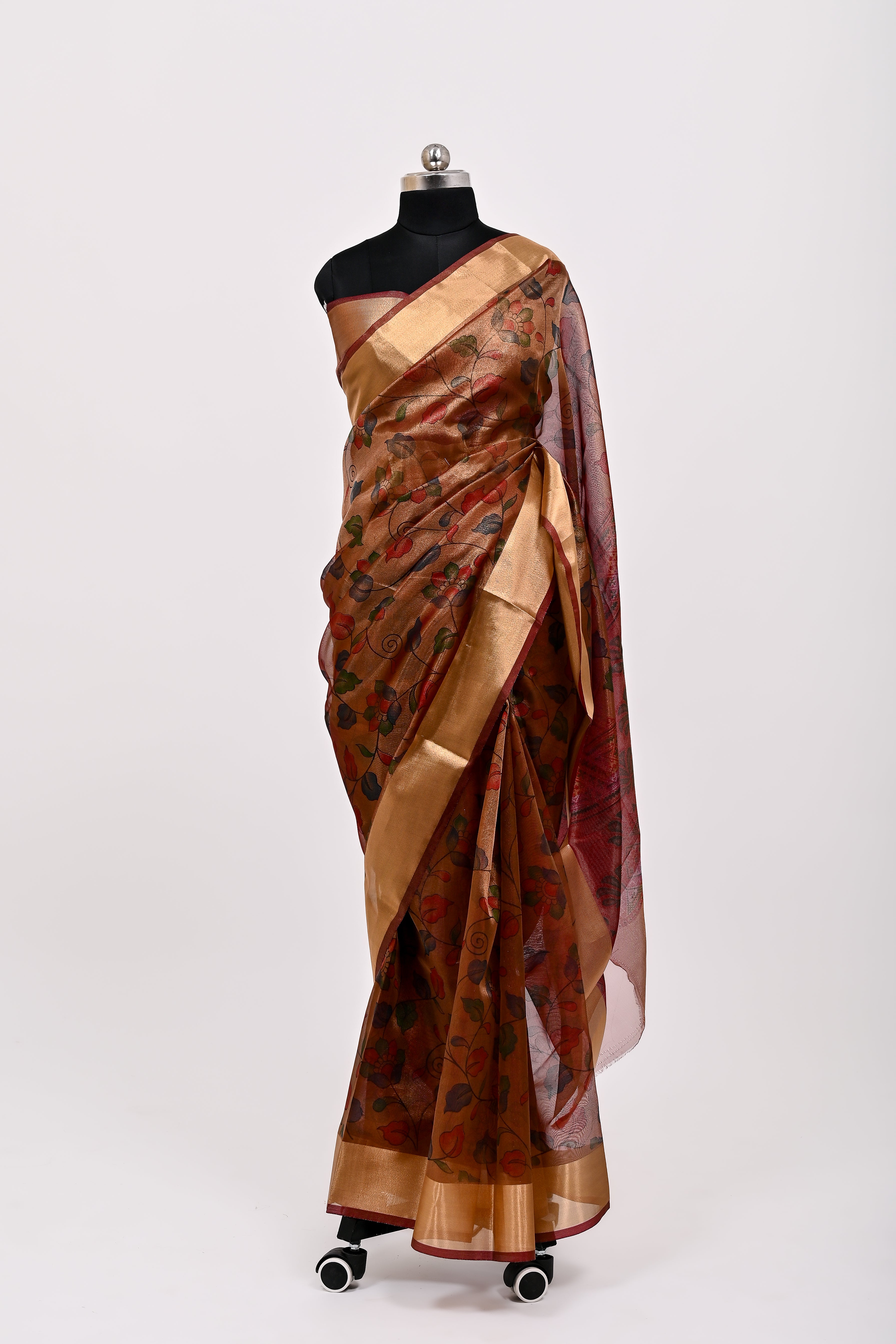 Banarsi Tissue Silk Printed Saree Dark Rust