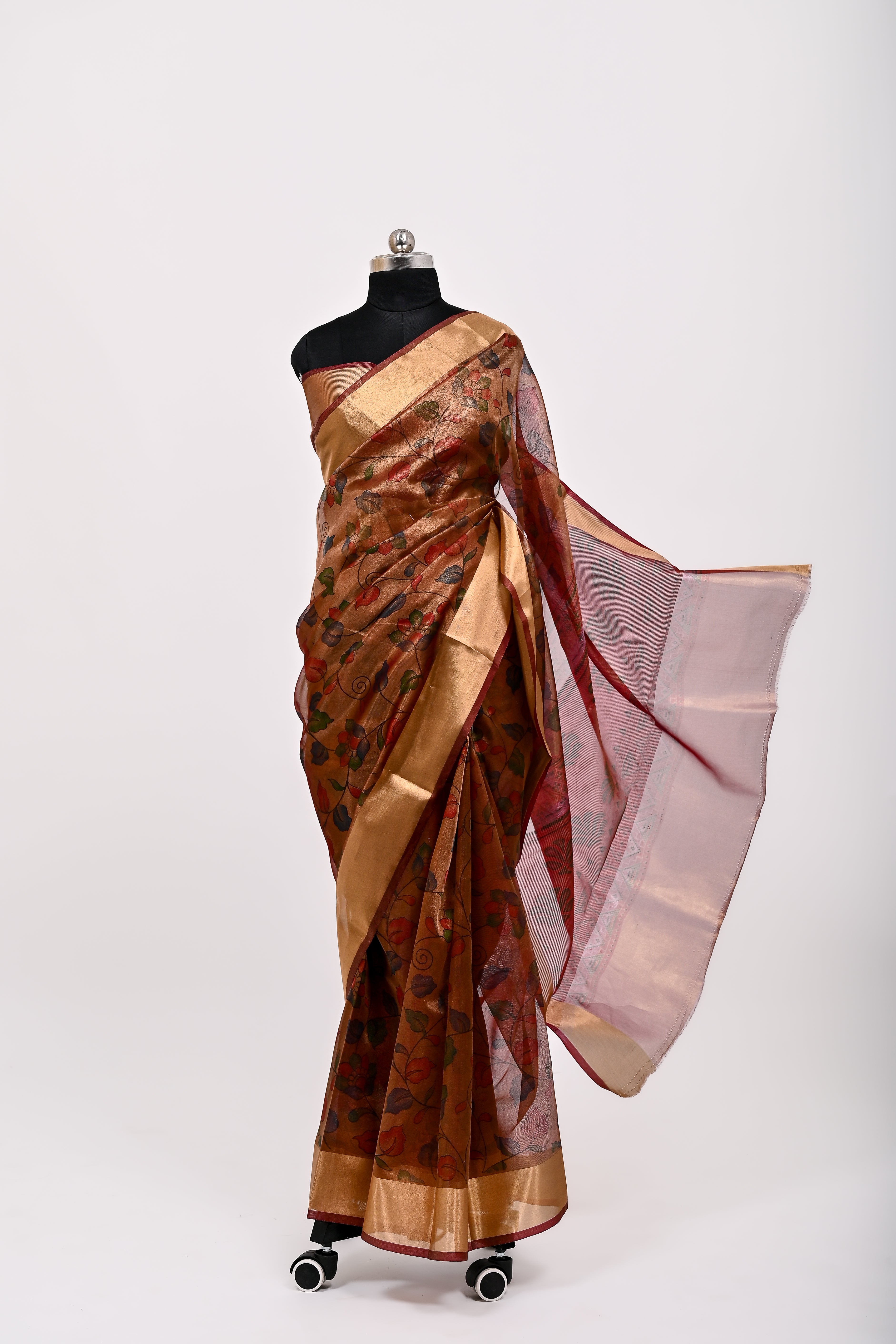 Banarsi Tissue Silk Printed Saree Dark Rust