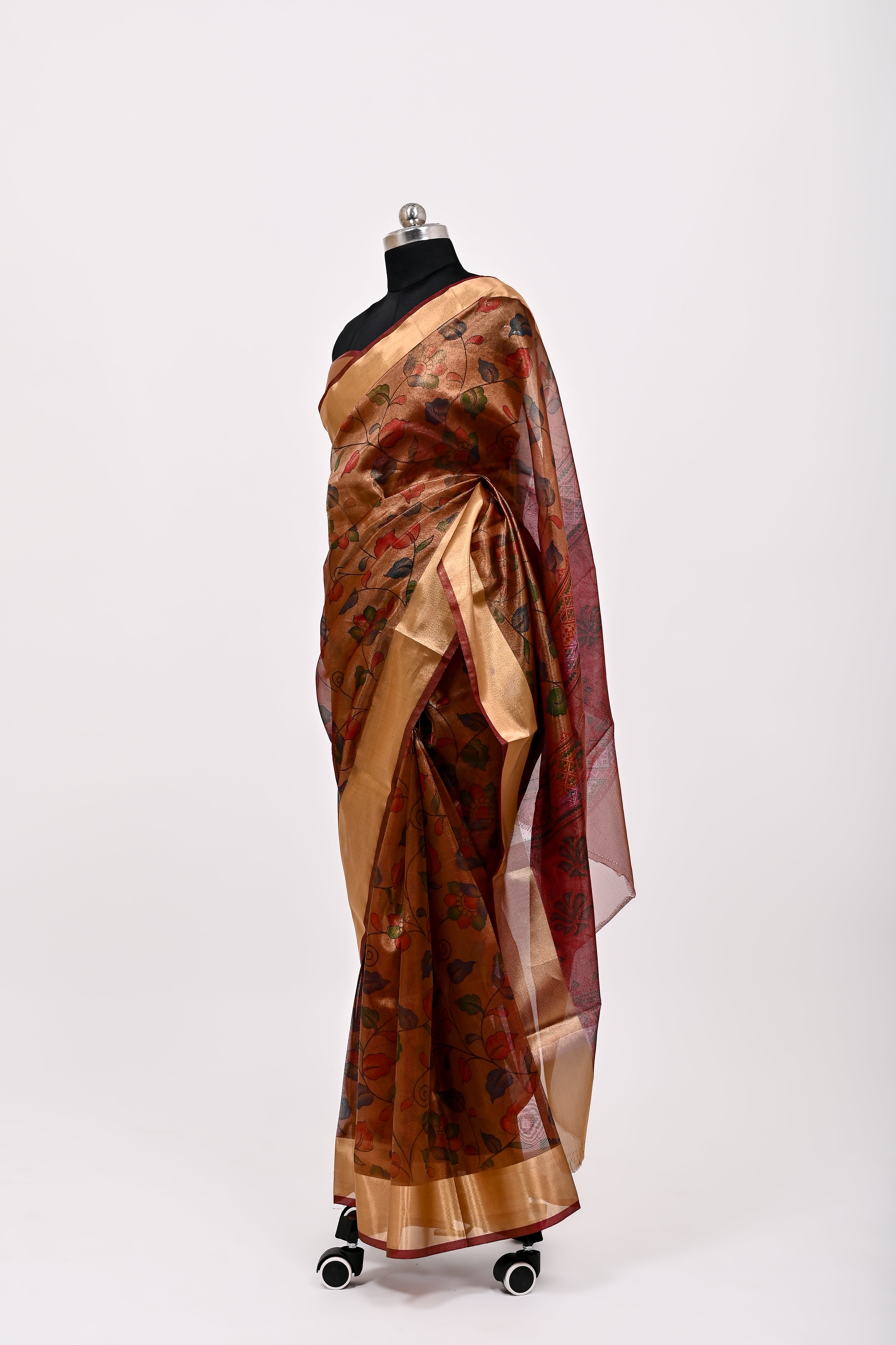 Banarsi Tissue Silk Printed Saree Dark Rust