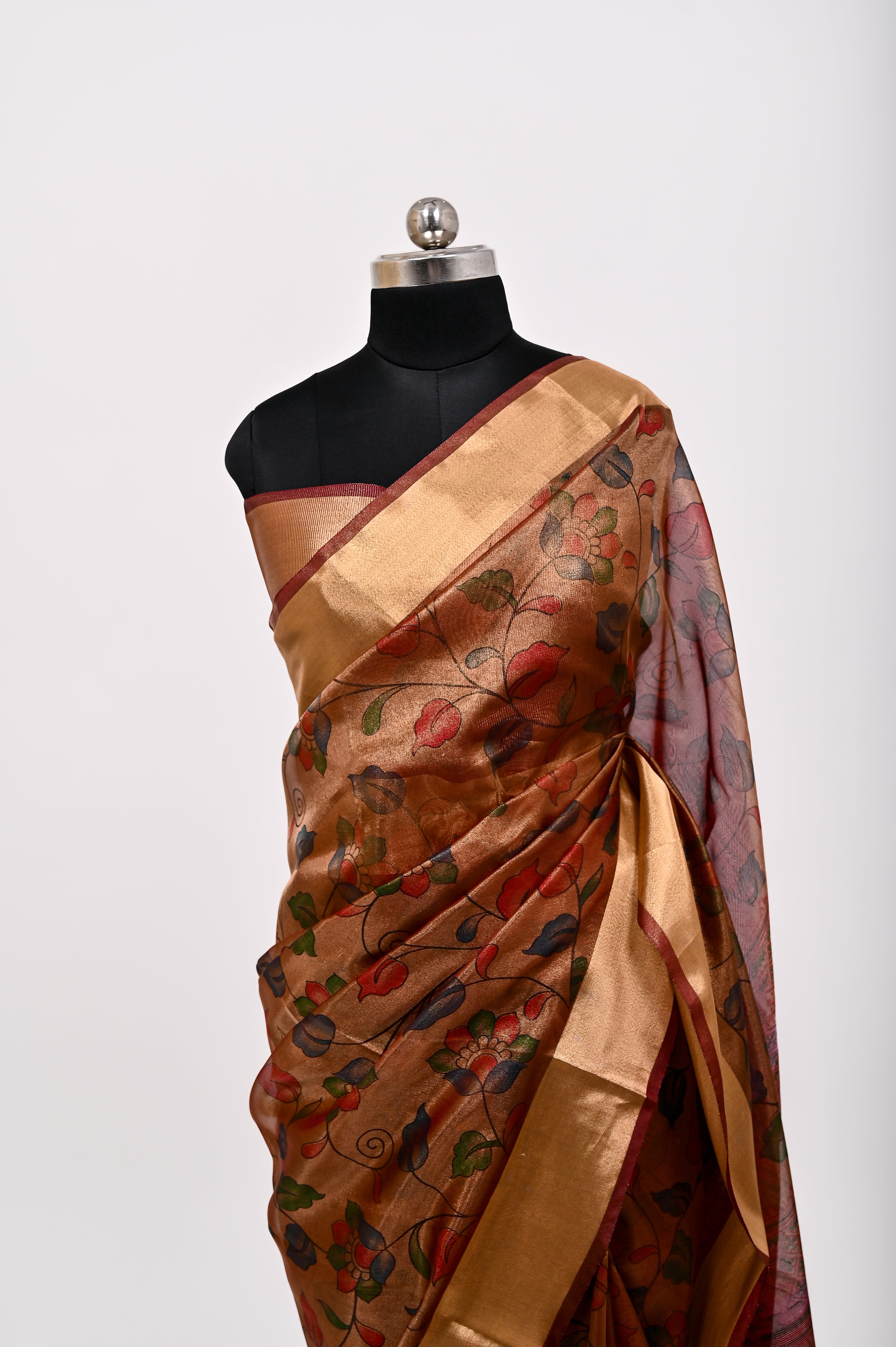 Banarsi Tissue Silk Printed Saree Dark Rust