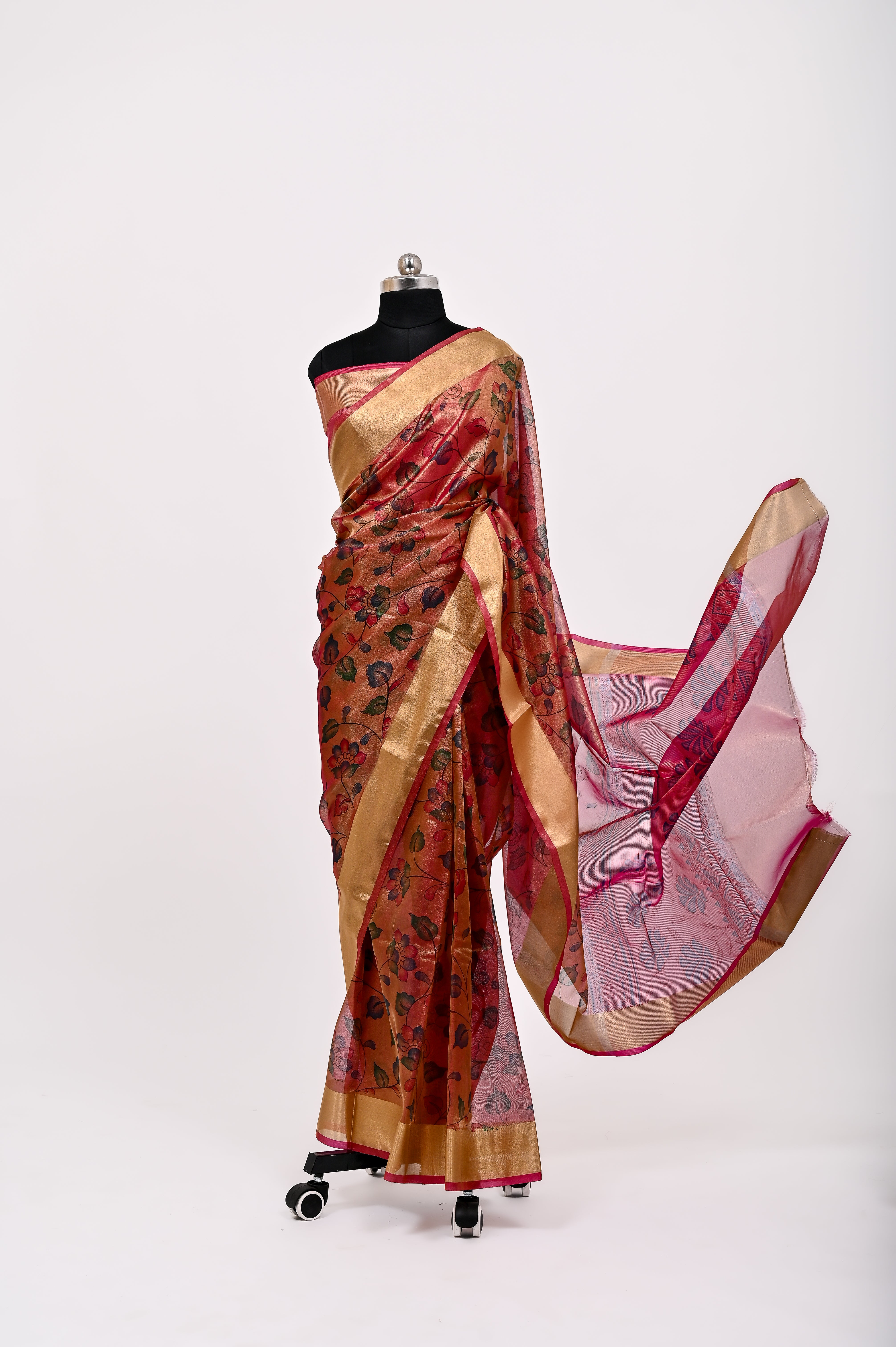 Banarsi Tissue Silk Printed Saree Dark Rust