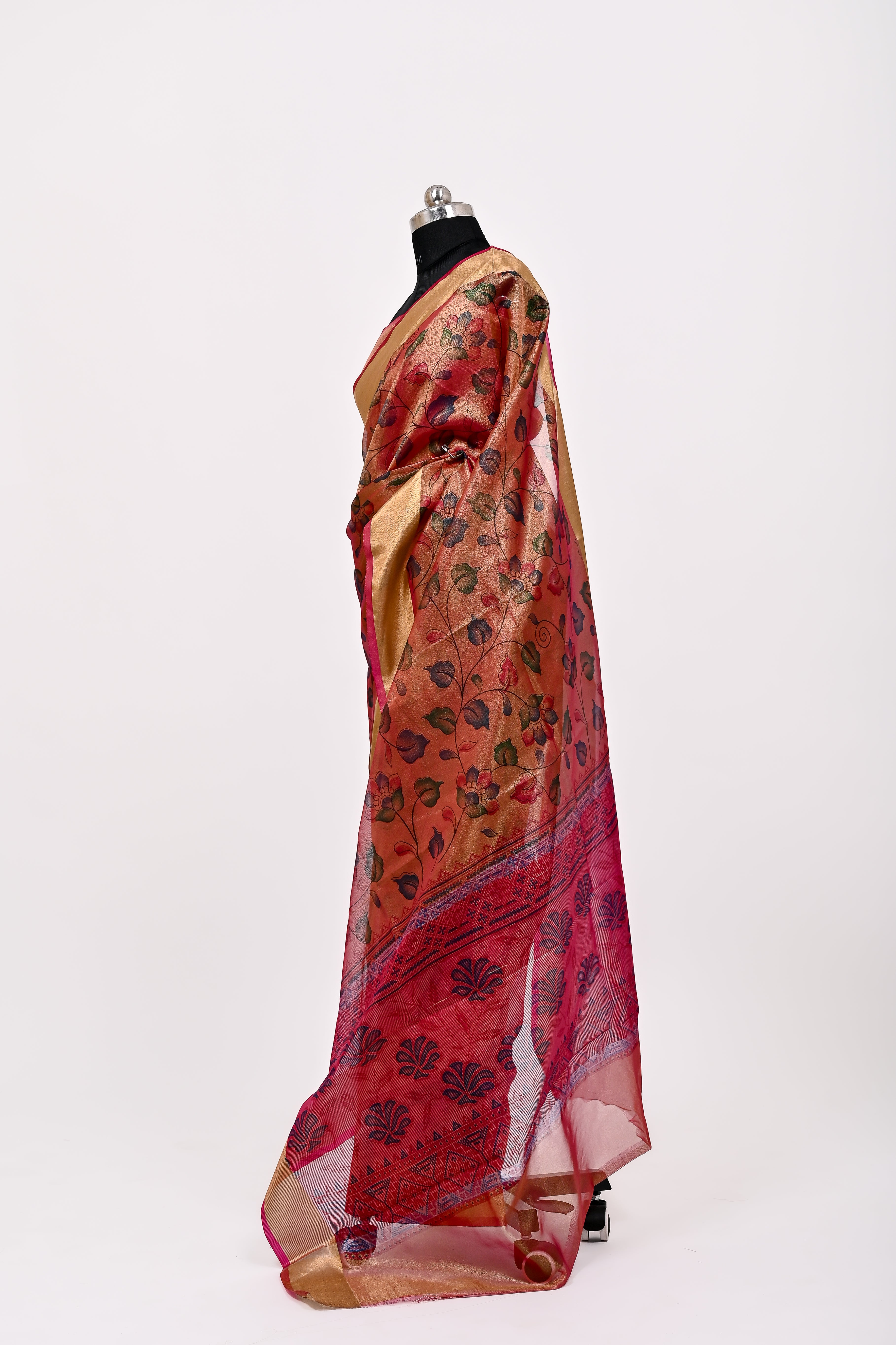 Banarsi Tissue Silk Printed Saree Dark Rust