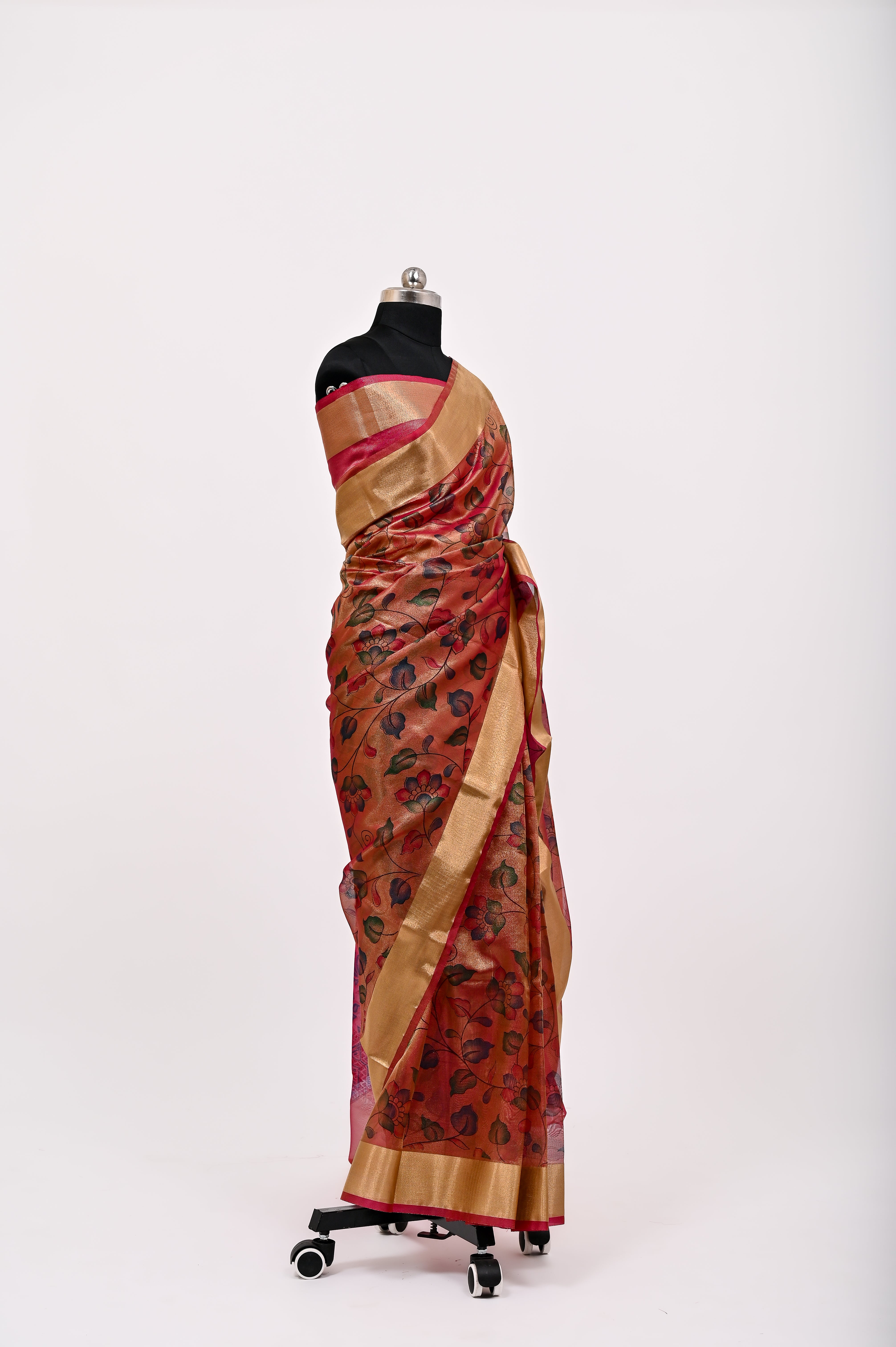 Banarsi Tissue Silk Printed Saree Dark Rust