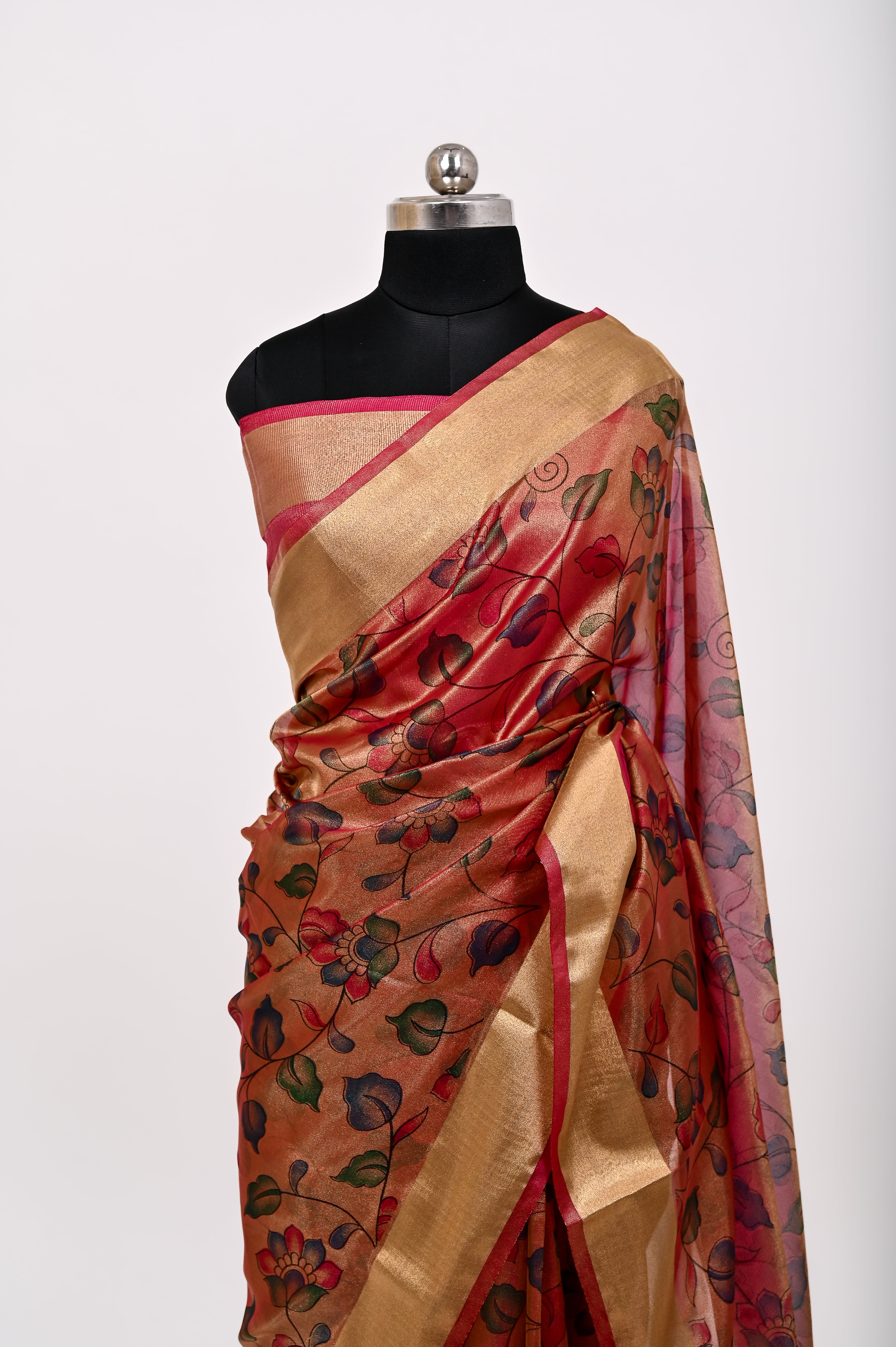 Banarsi Tissue Silk Printed Saree Dark Rust