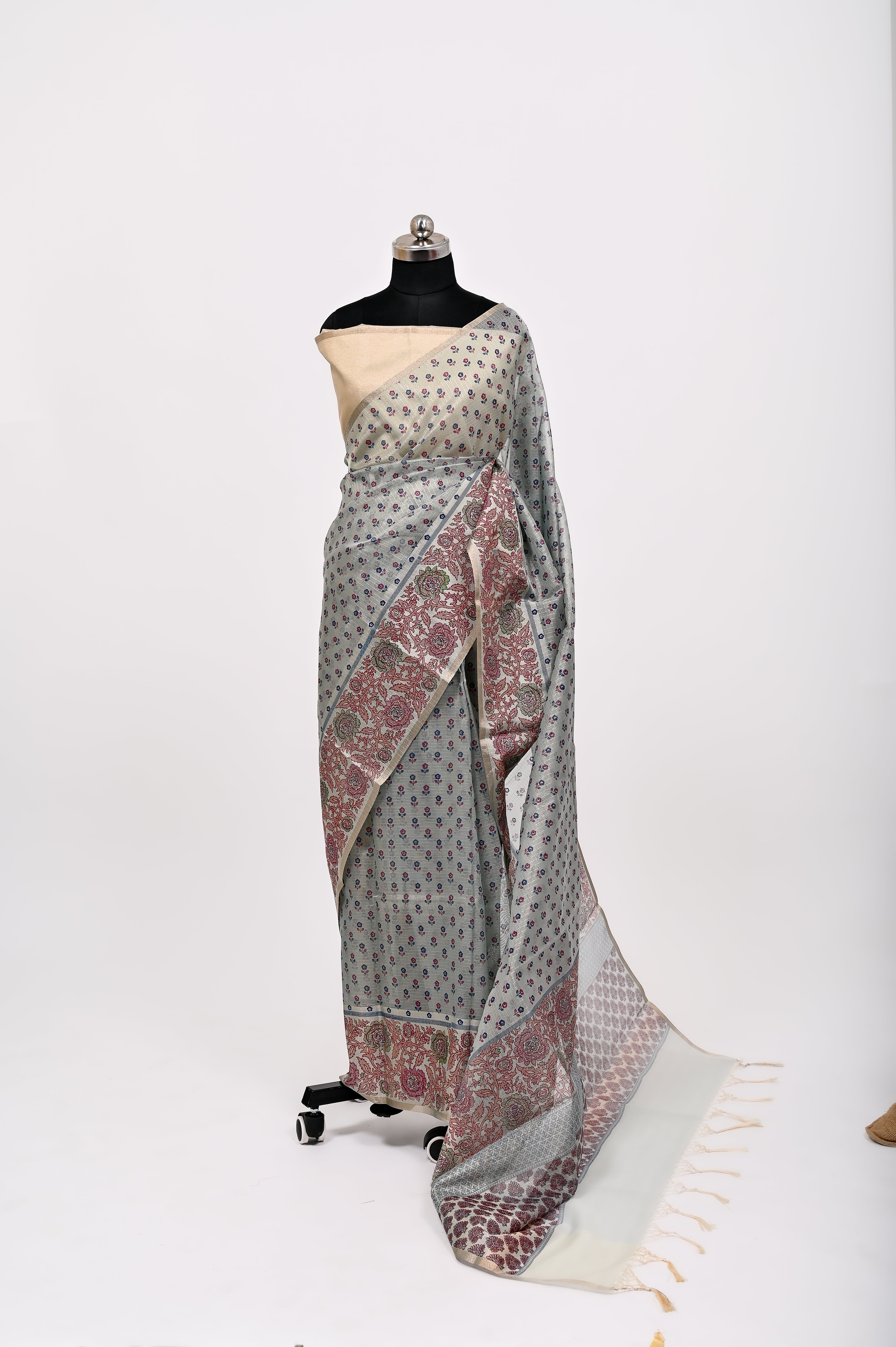 Banarsi Cotton Silk Printed Saree Bluish Grey