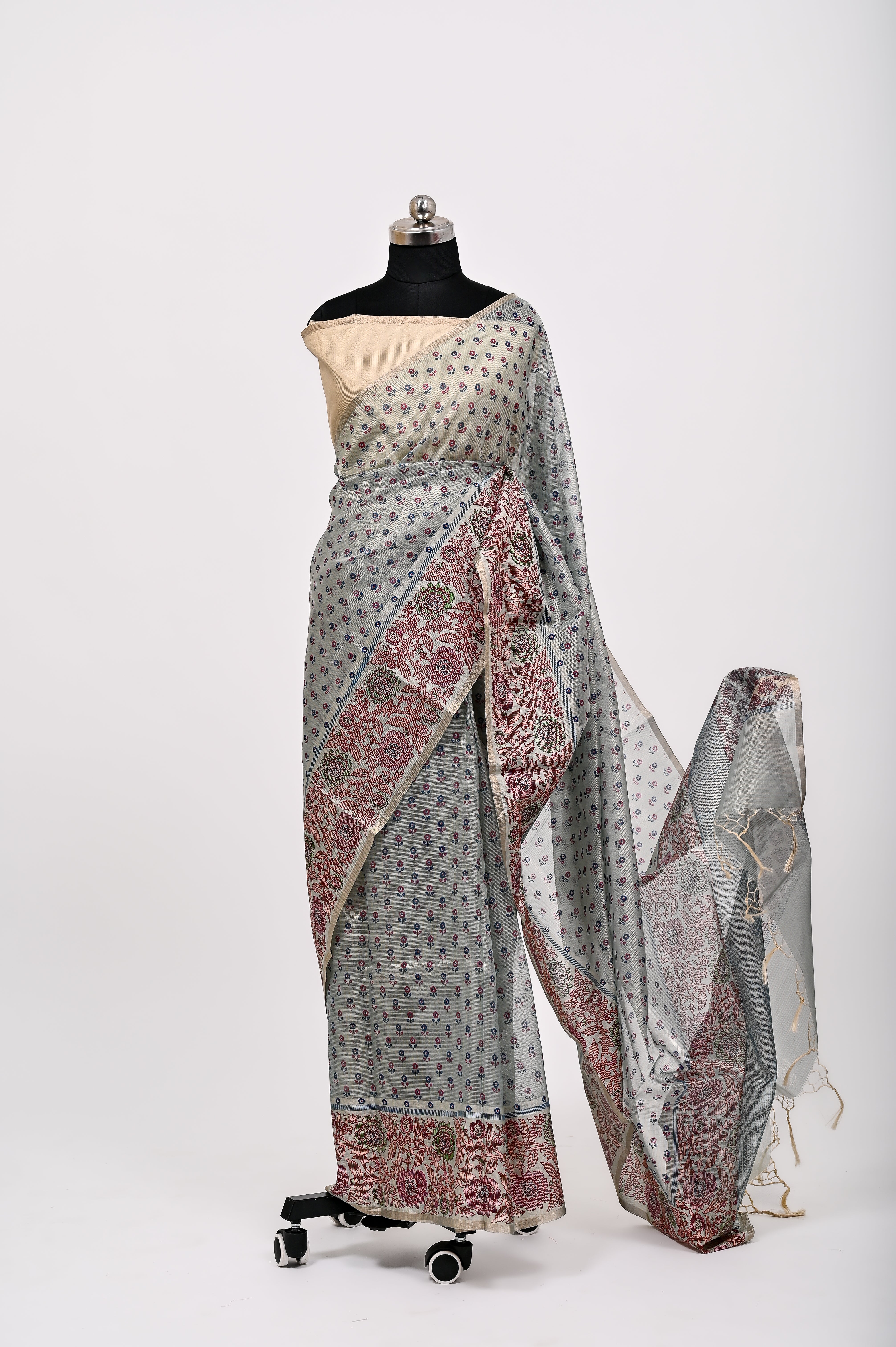 Banarsi Cotton Silk Printed Saree Bluish Grey