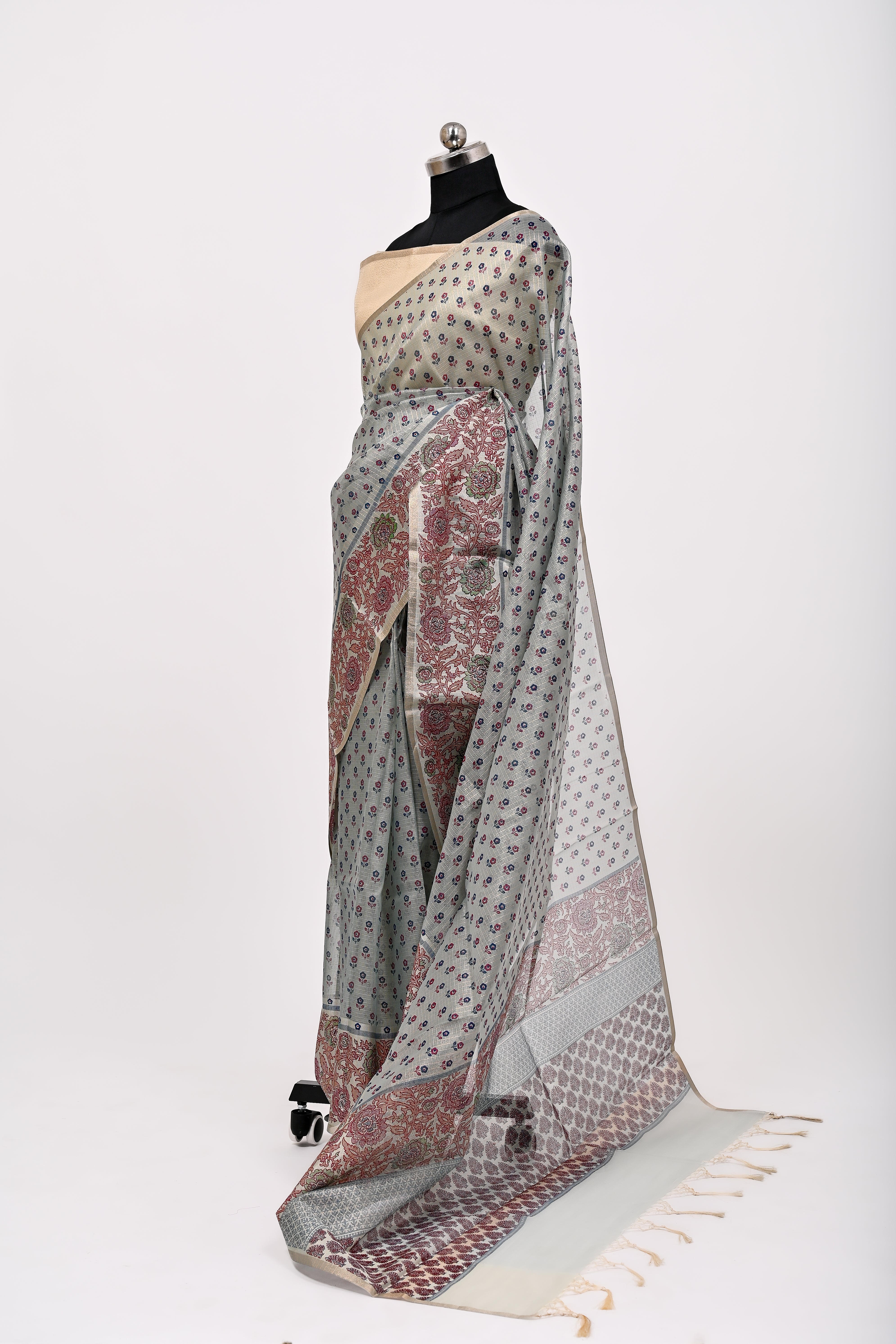 Banarsi Cotton Silk Printed Saree Bluish Grey