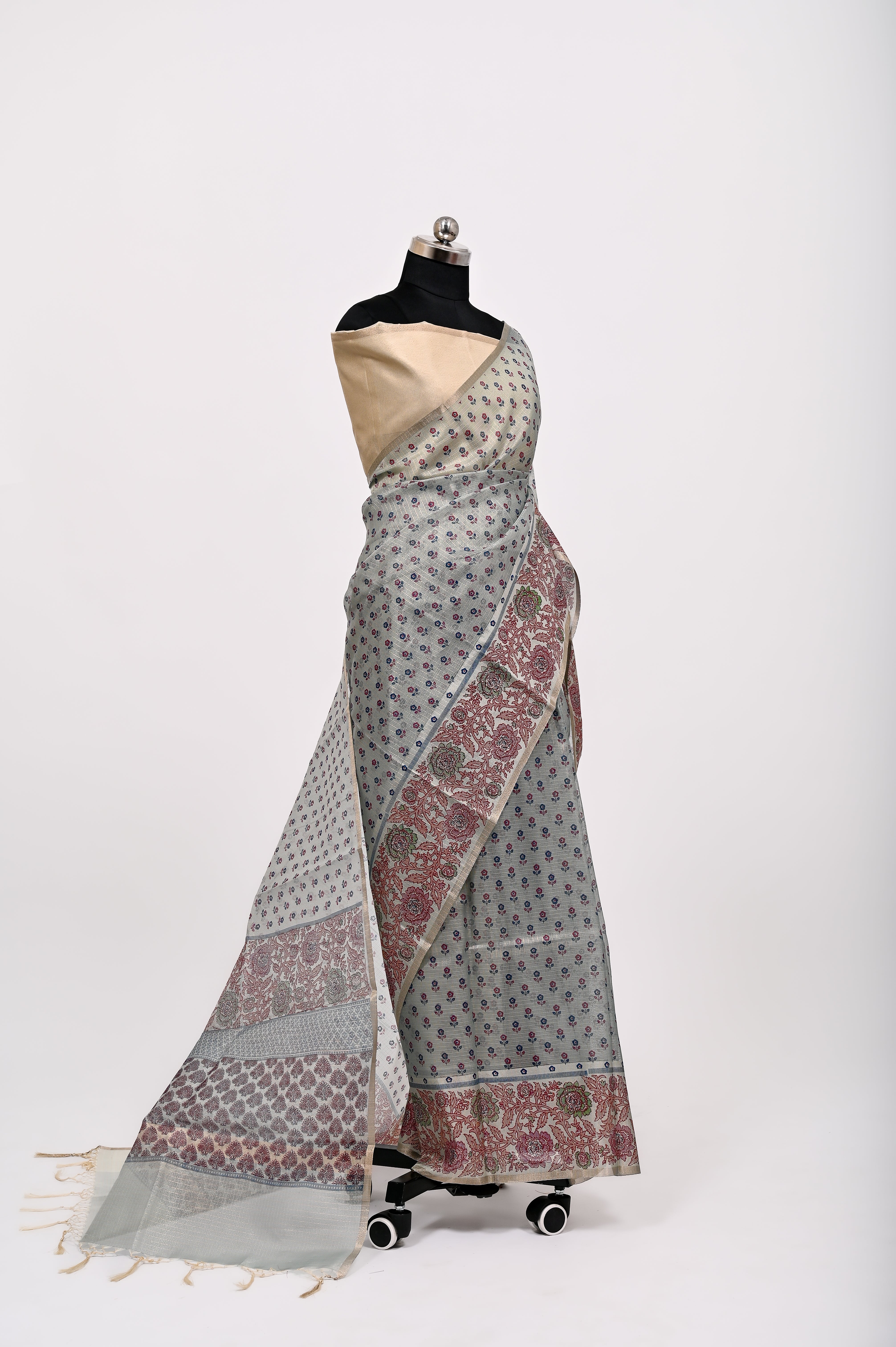 Banarsi Cotton Silk Printed Saree Bluish Grey