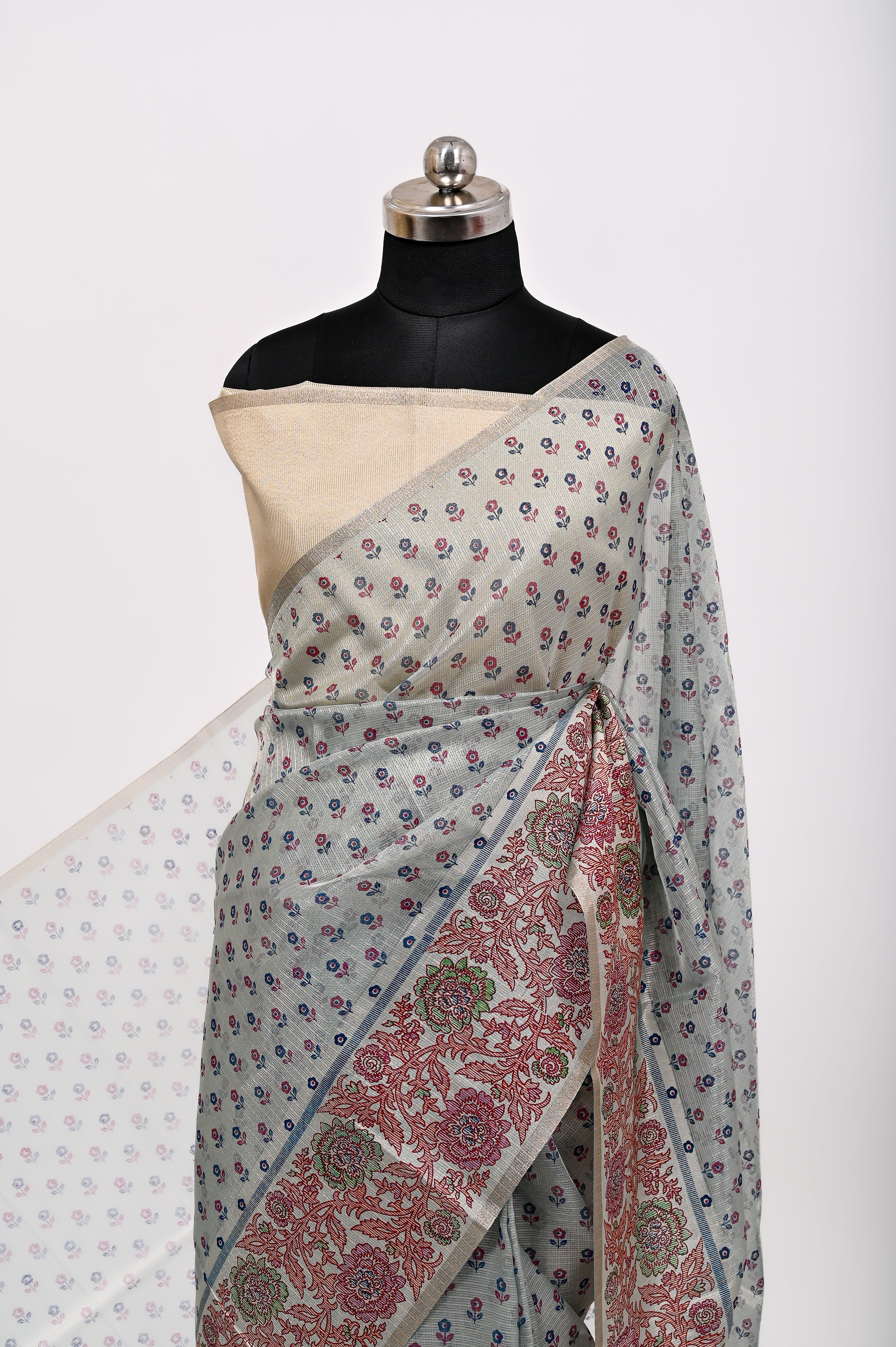 Banarsi Cotton Silk Printed Saree Bluish Grey