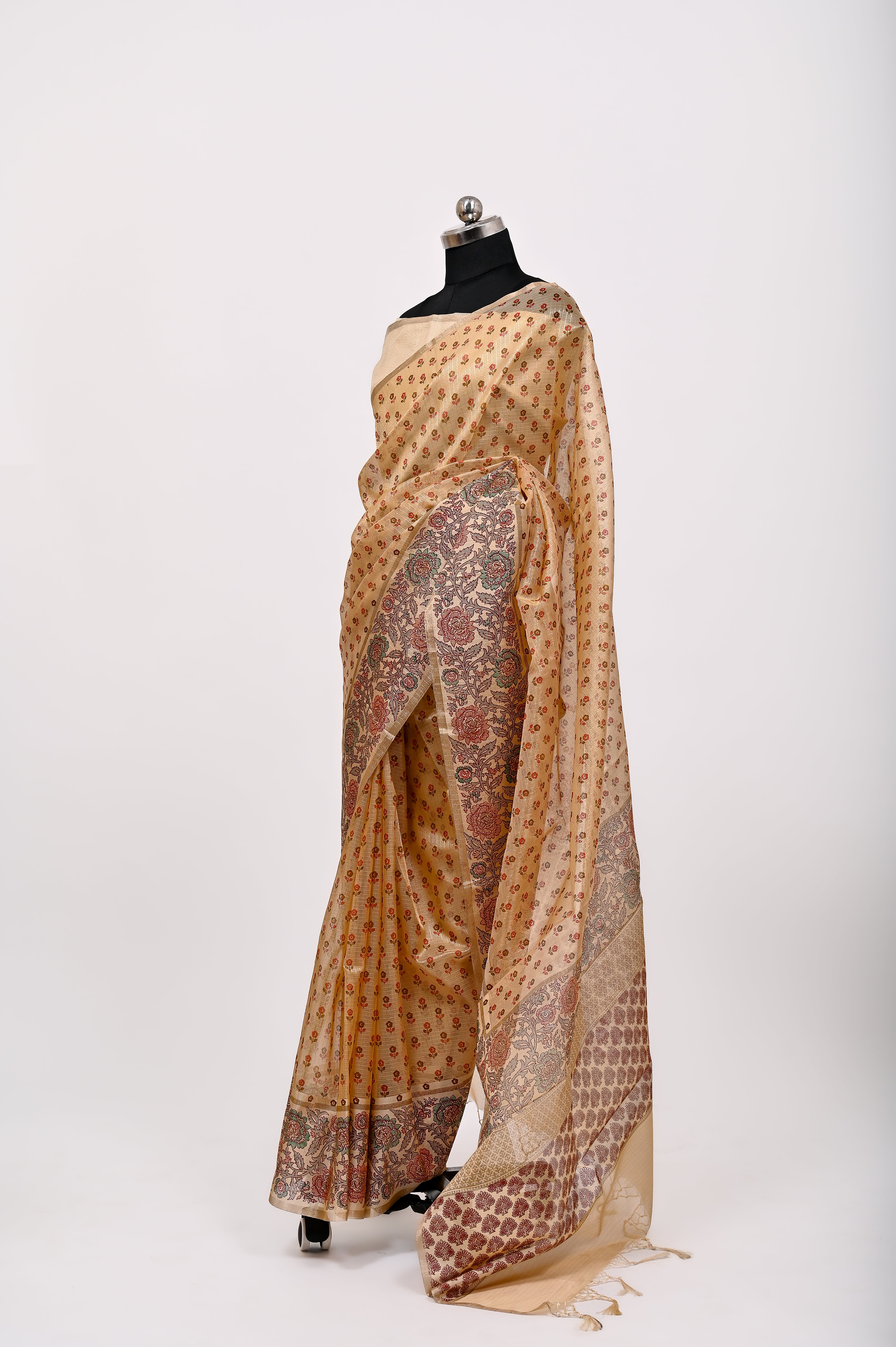 Banarsi Cotton Silk Printed Saree Baadaami Cream