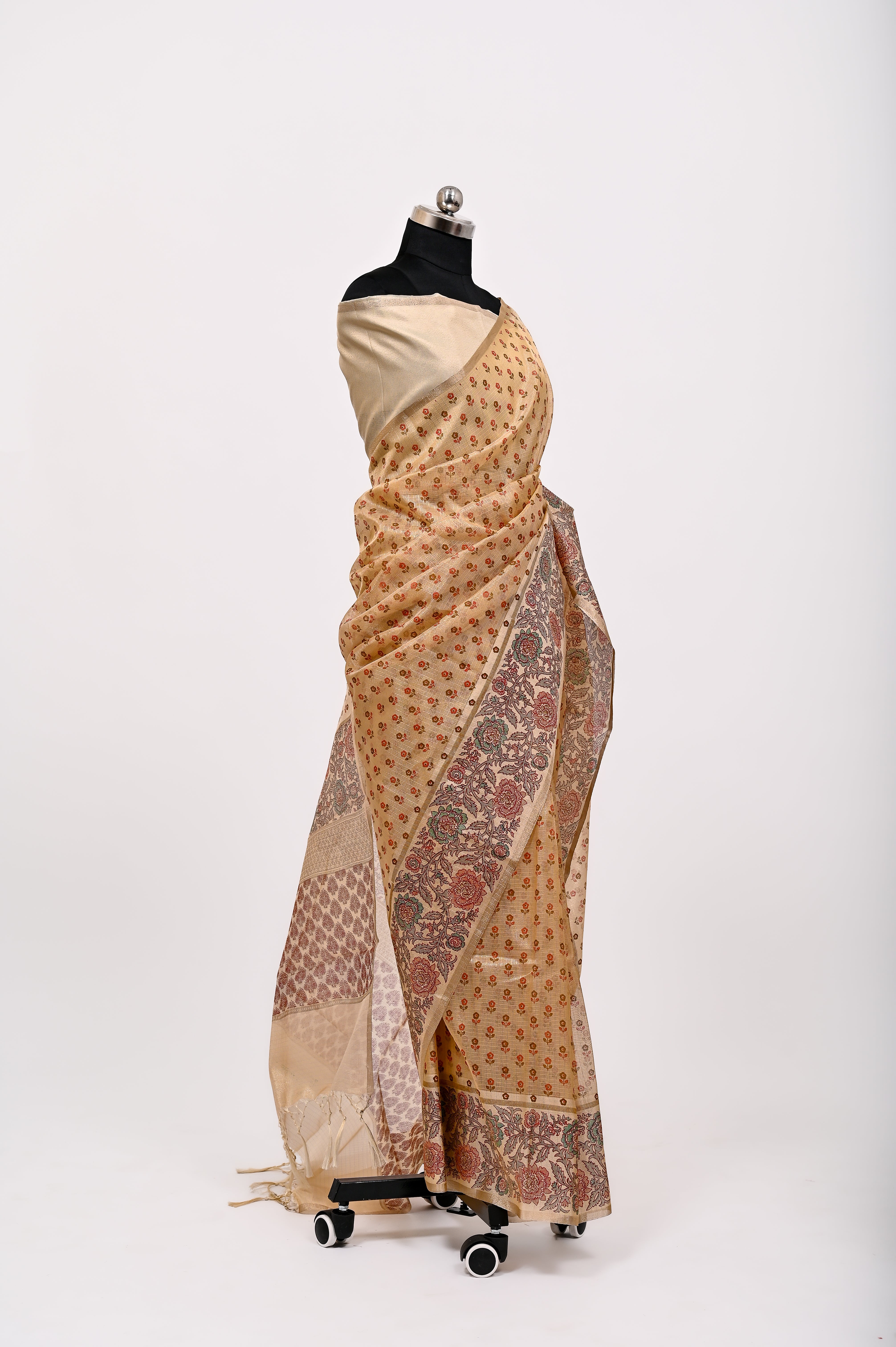 Banarsi Cotton Silk Printed Saree Baadaami Cream
