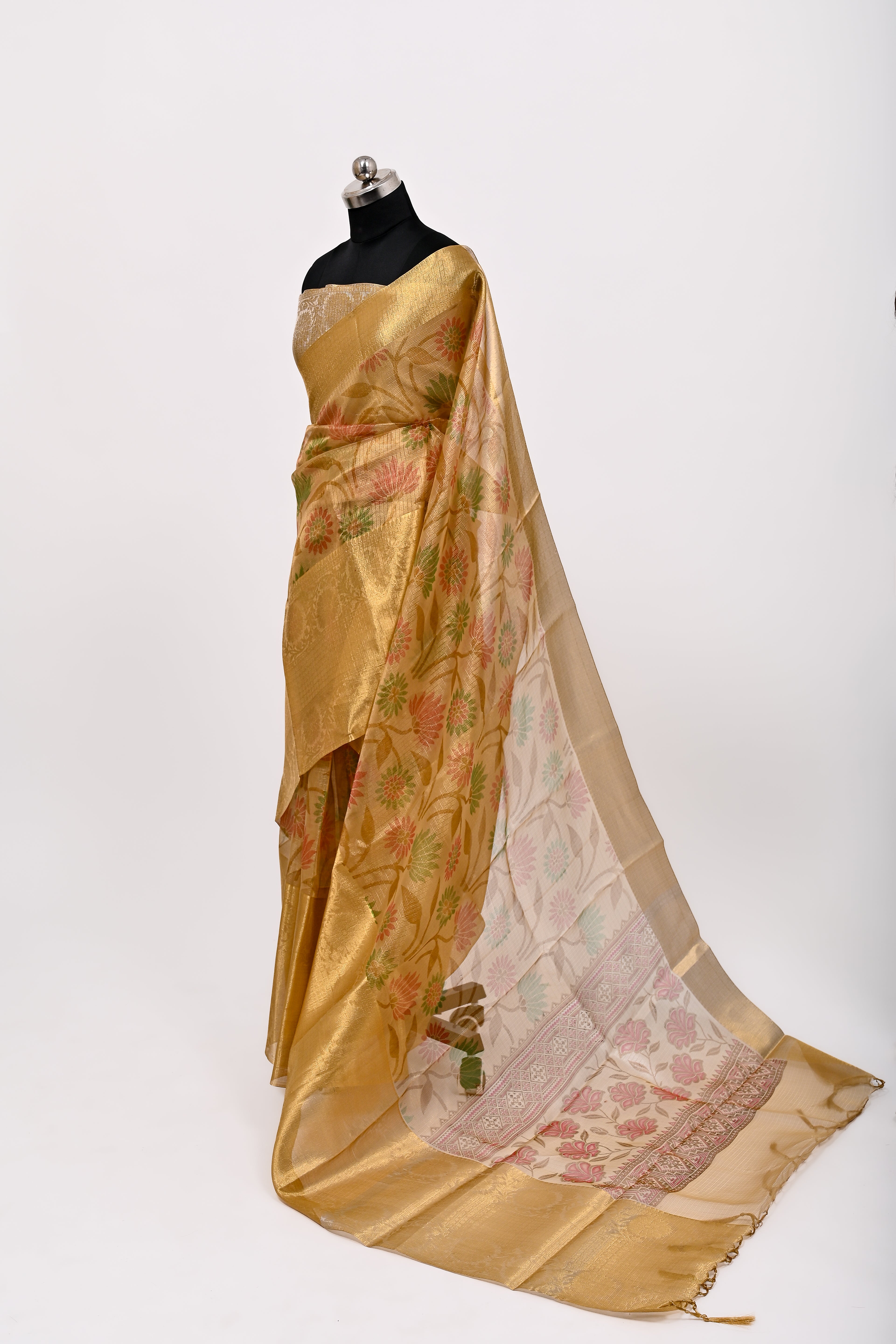 Banarsi Kota Chex Tissue Silk Printed Saree Golden