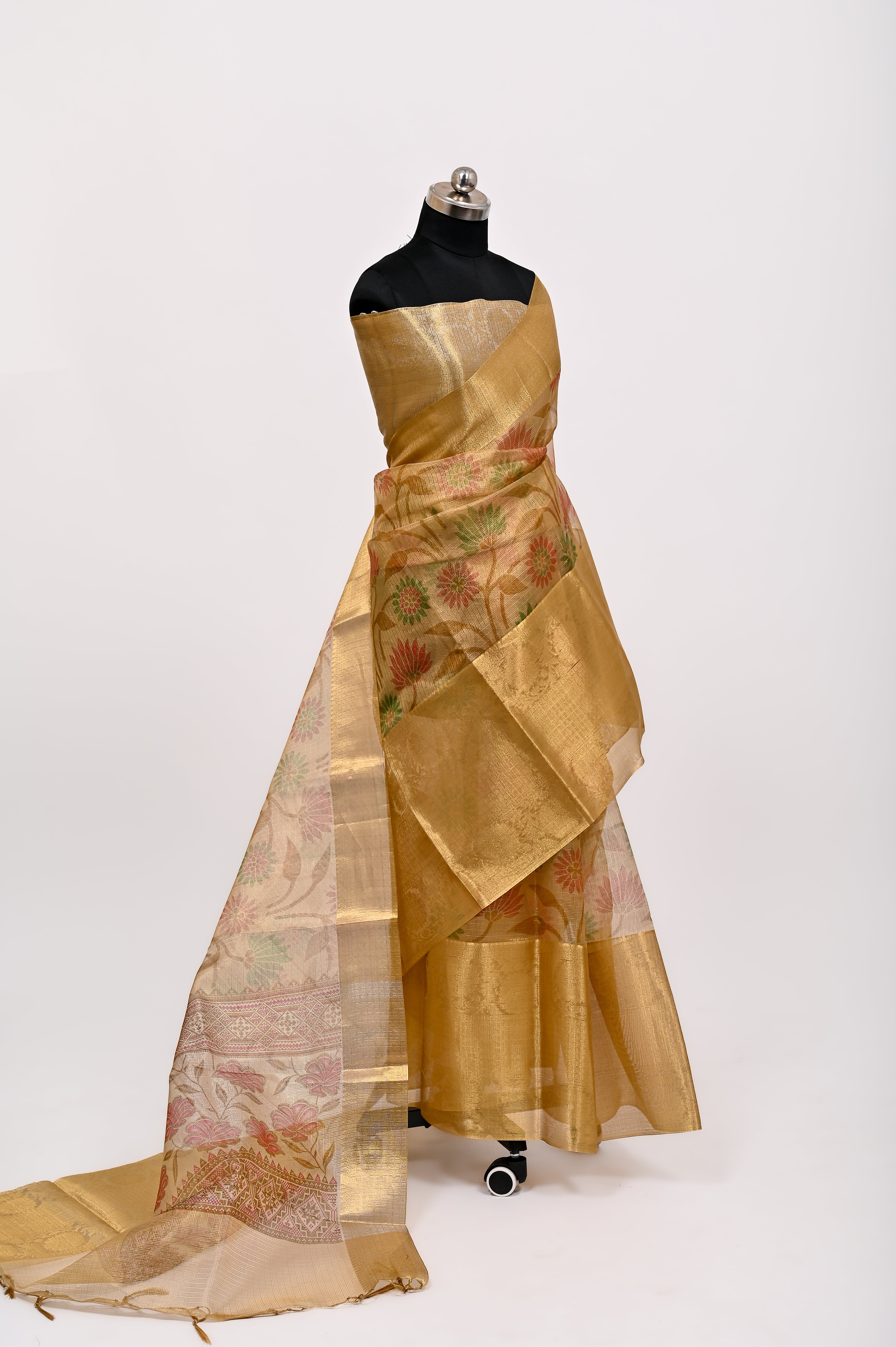 Banarsi Kota Chex Tissue Silk Printed Saree Golden