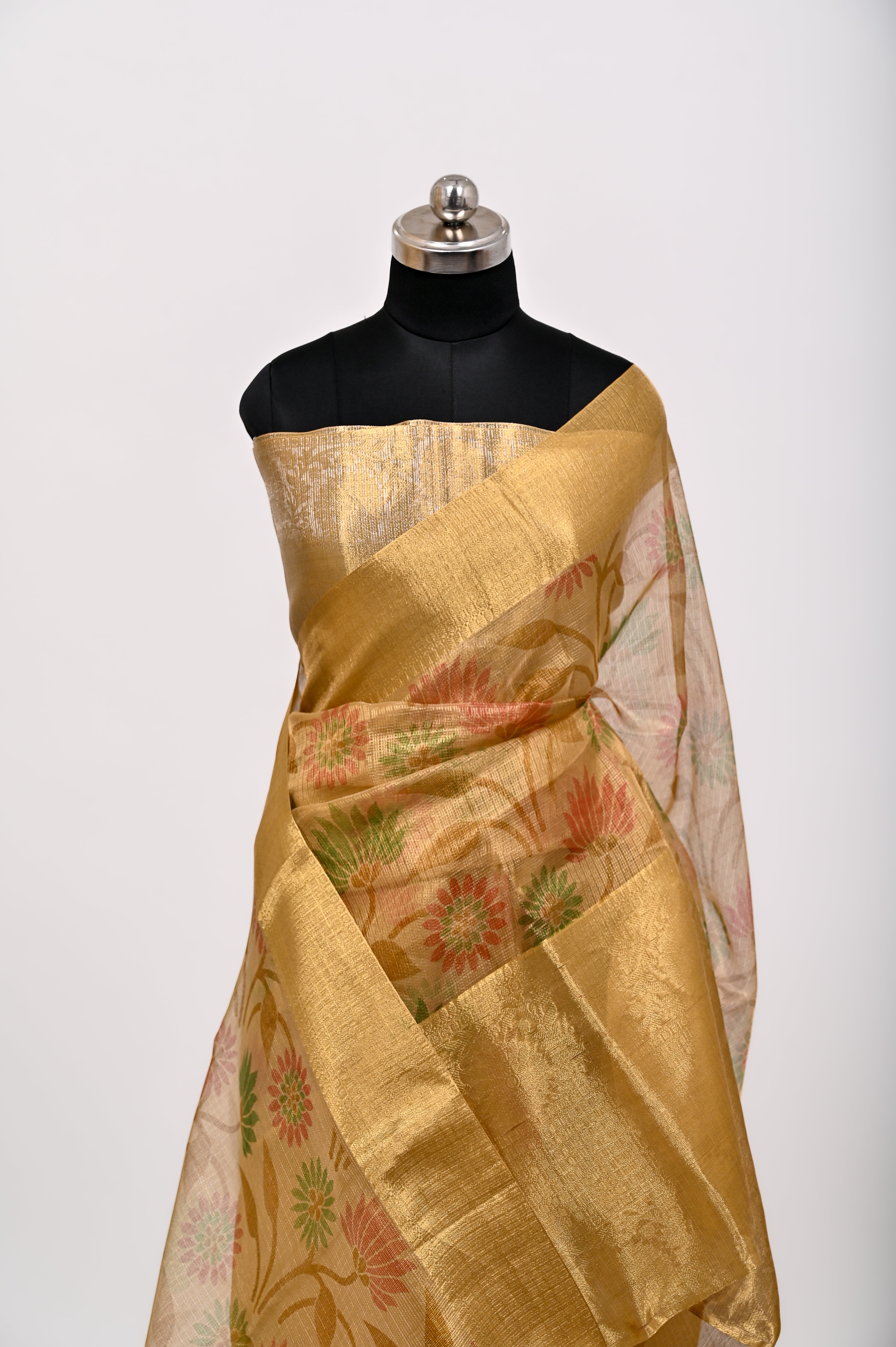 Banarsi Kota Chex Tissue Silk Printed Saree Golden