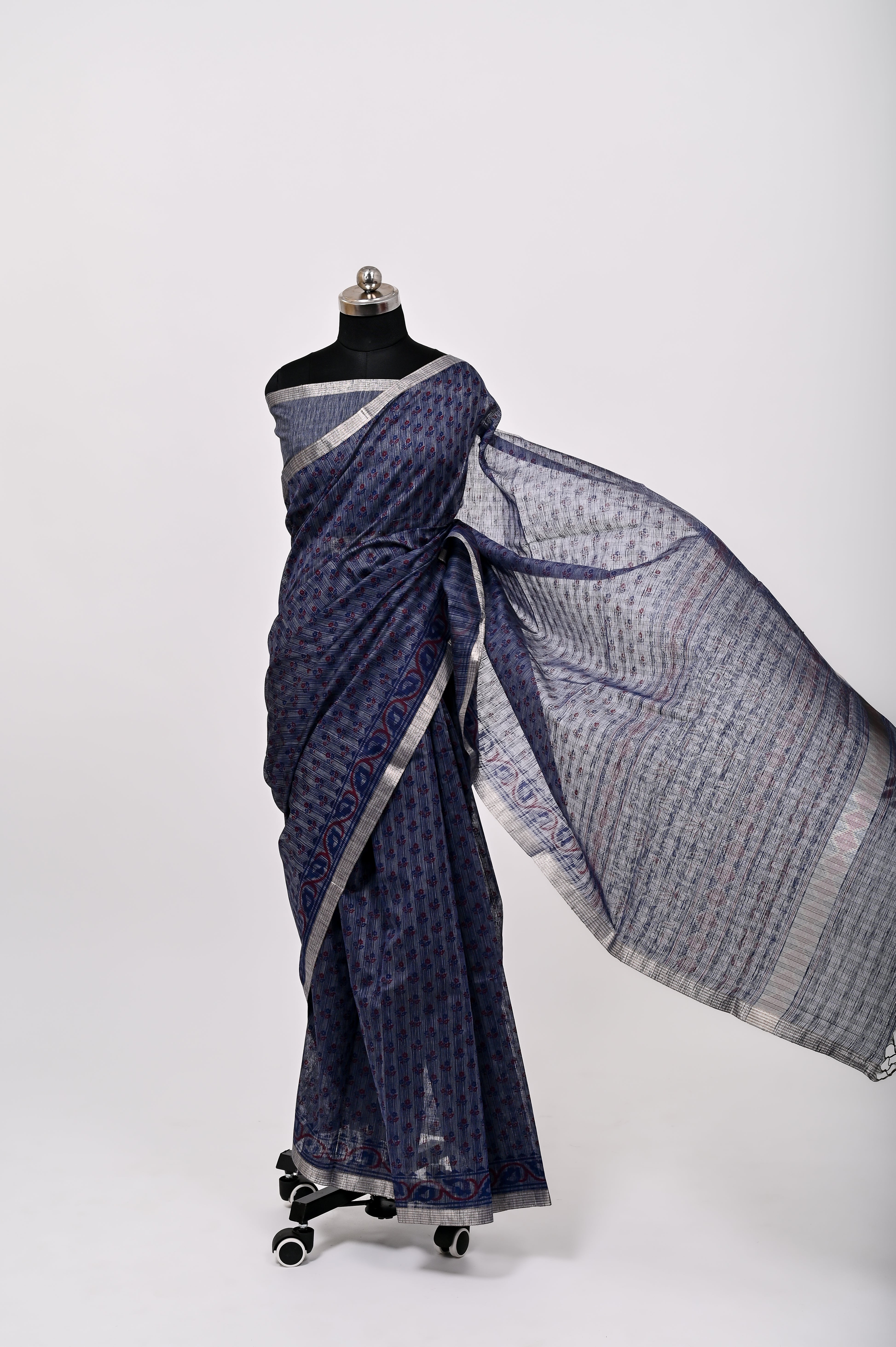 Banarsi Malayi Cotton Silk Printed Saree Dark Royal Blue