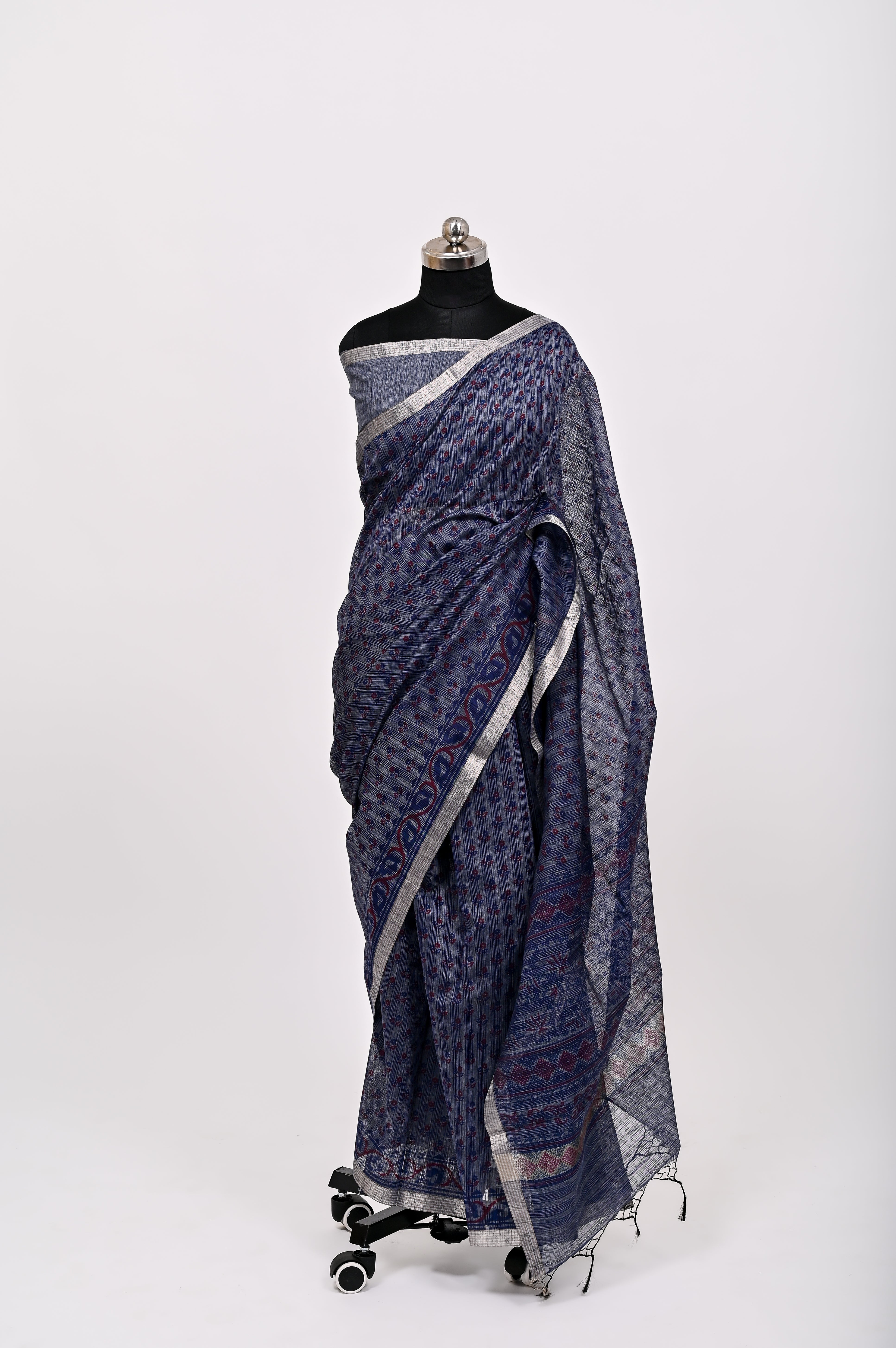 Banarsi Malayi Cotton Silk Printed Saree Dark Royal Blue