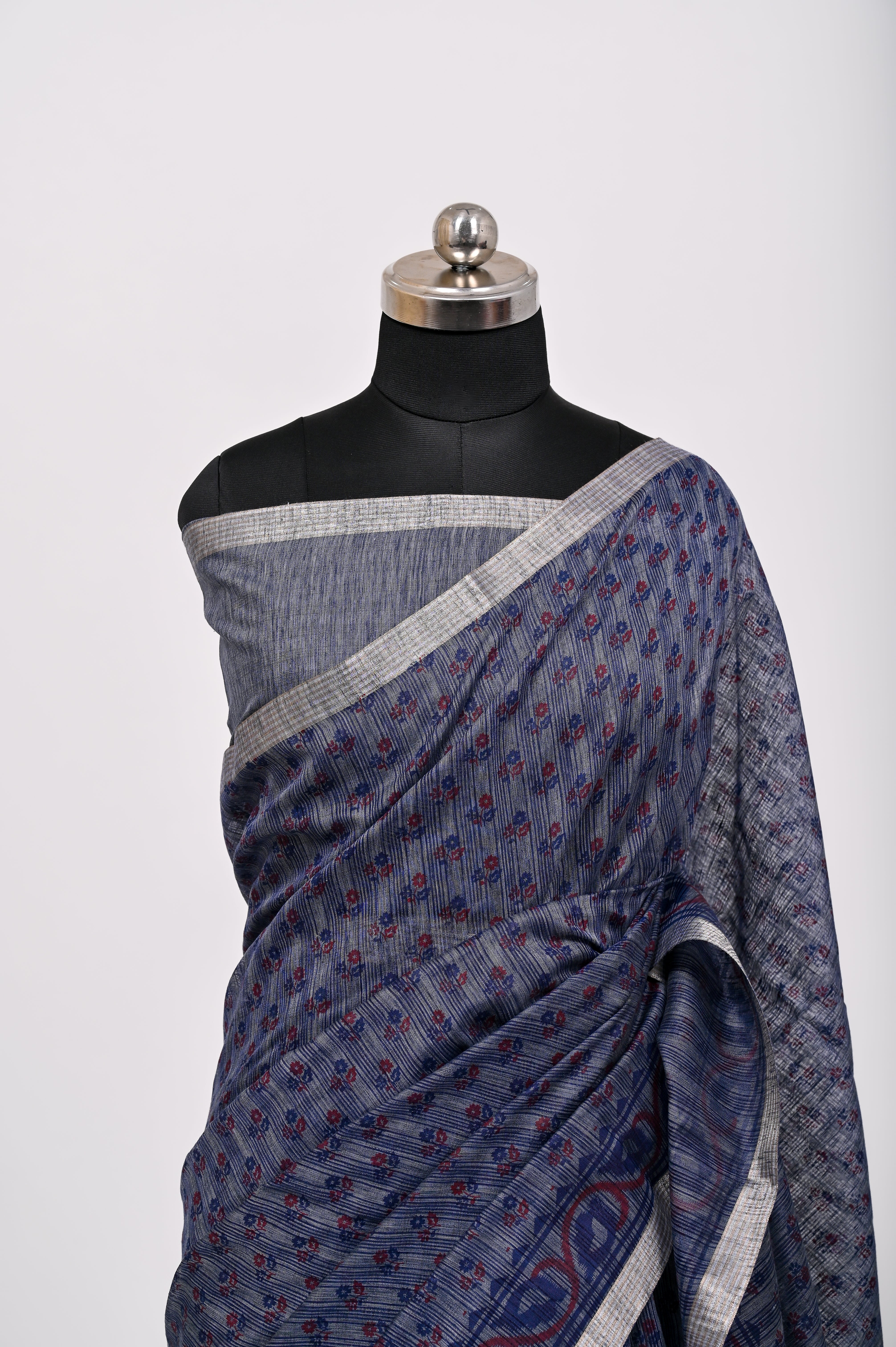 Banarsi Malayi Cotton Silk Printed Saree Dark Royal Blue